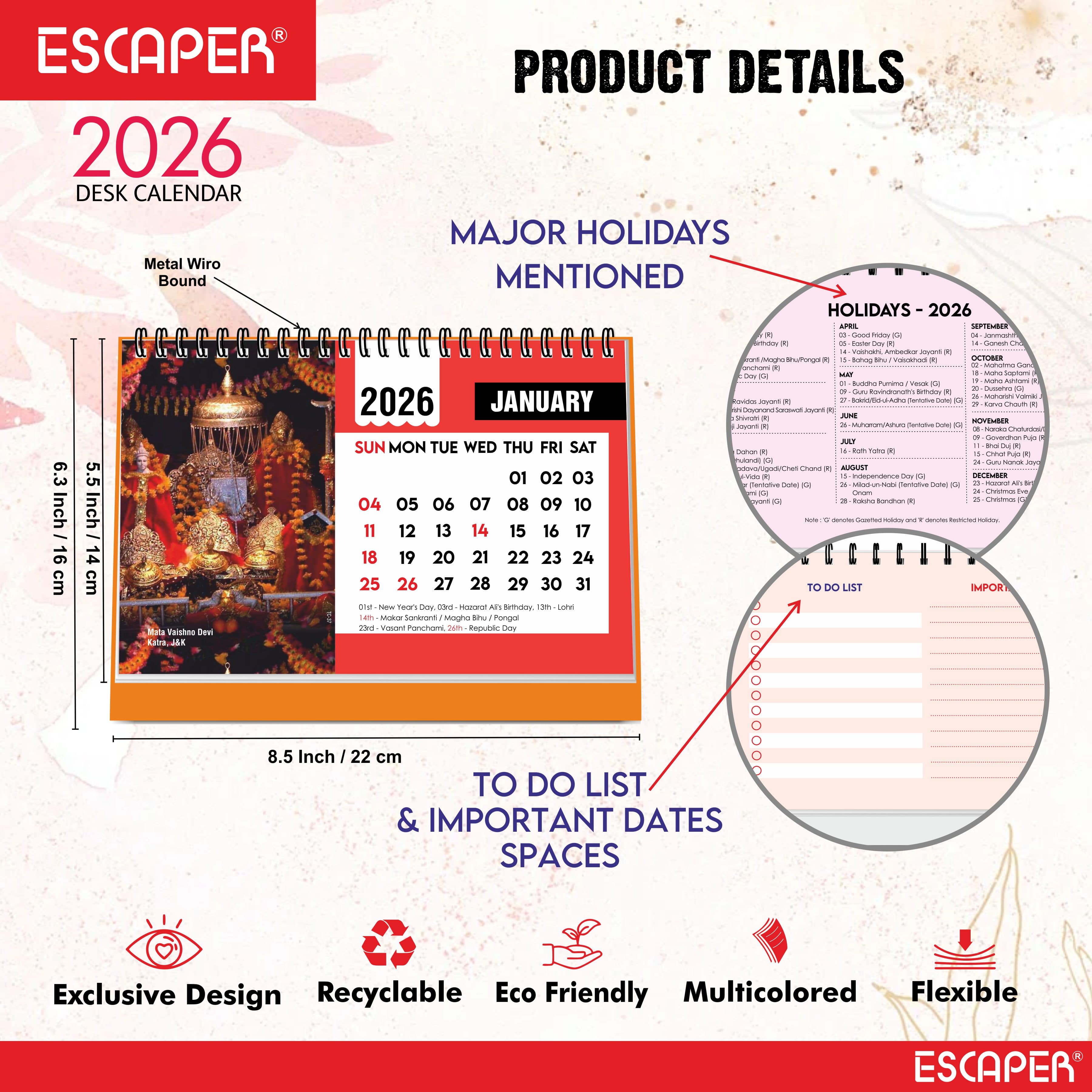 Famous Hindu Temples Desk Calendar 2026, Hindu Mandir Table Calendar with Vaishno Devi, Amarnath Ji, Kedarnath Dham, Mahakaleshwar, Kamakhya Devi & Siddhi Vinayaka Photos, Religious Spiritual Calendar for Home & Office