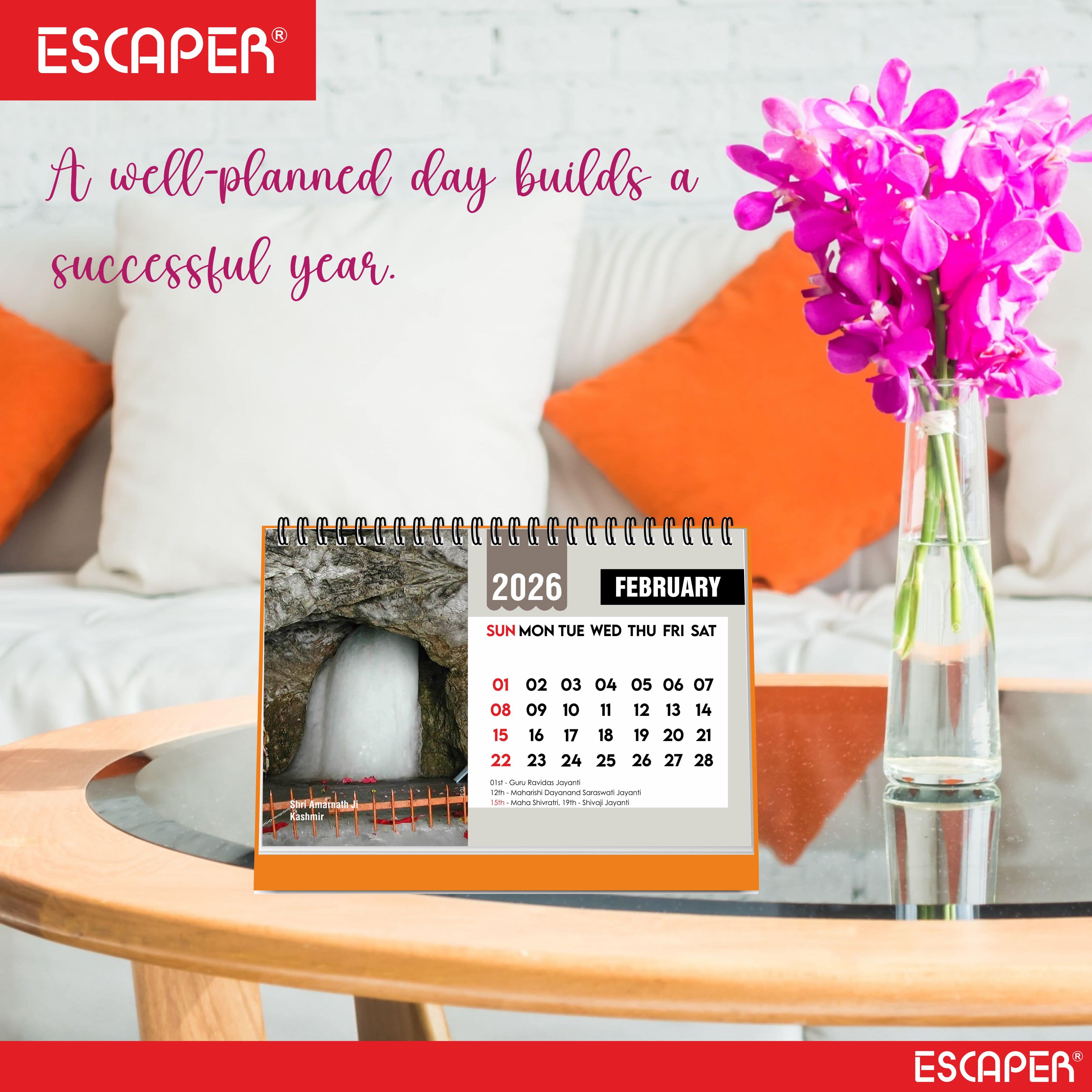 Famous Hindu Temples Desk Calendar 2026, Hindu Mandir Table Calendar with Vaishno Devi, Amarnath Ji, Kedarnath Dham, Mahakaleshwar, Kamakhya Devi & Siddhi Vinayaka Photos, Religious Spiritual Calendar for Home & Office