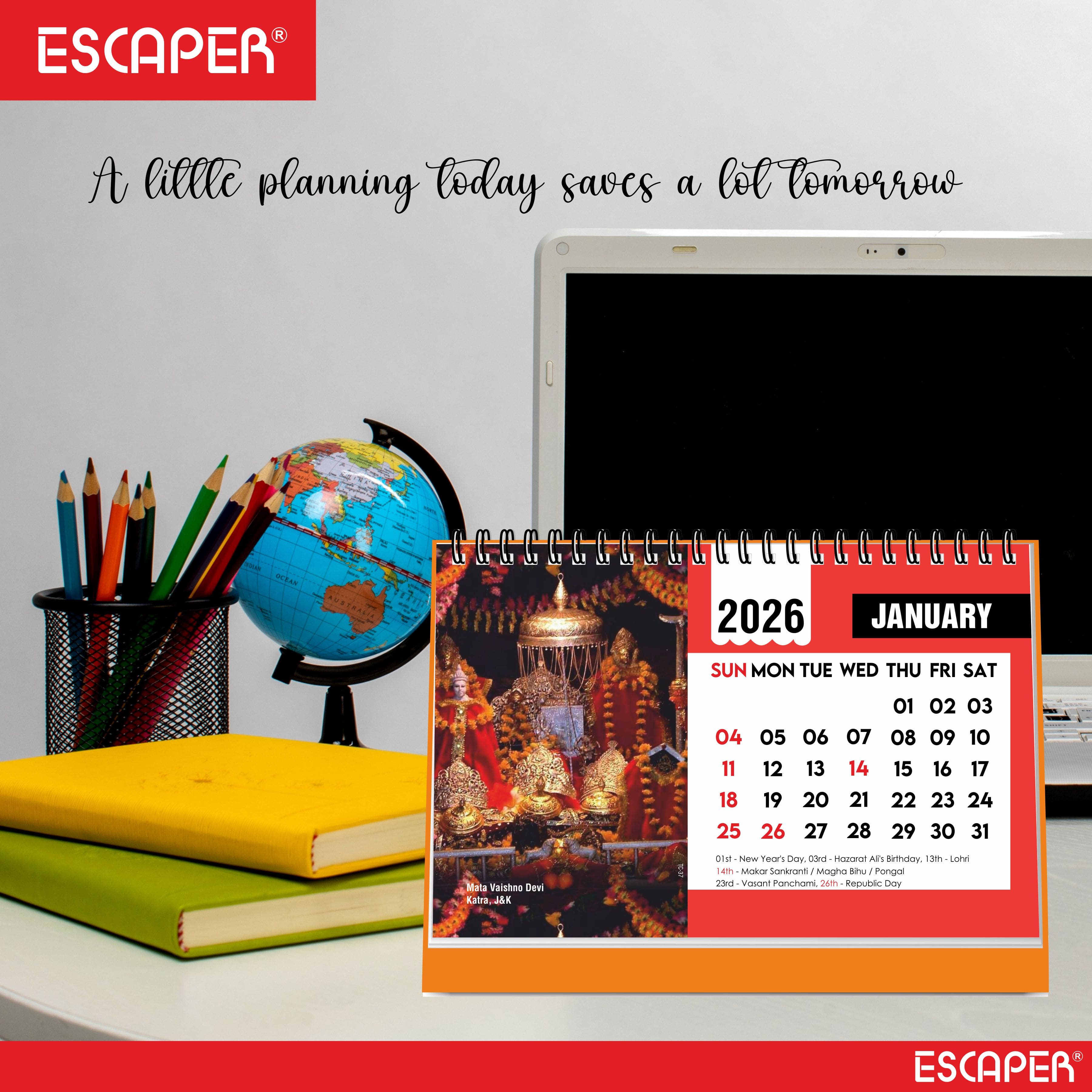 Famous Hindu Temples Desk Calendar 2026, Hindu Mandir Table Calendar with Vaishno Devi, Amarnath Ji, Kedarnath Dham, Mahakaleshwar, Kamakhya Devi & Siddhi Vinayaka Photos, Religious Spiritual Calendar for Home & Office