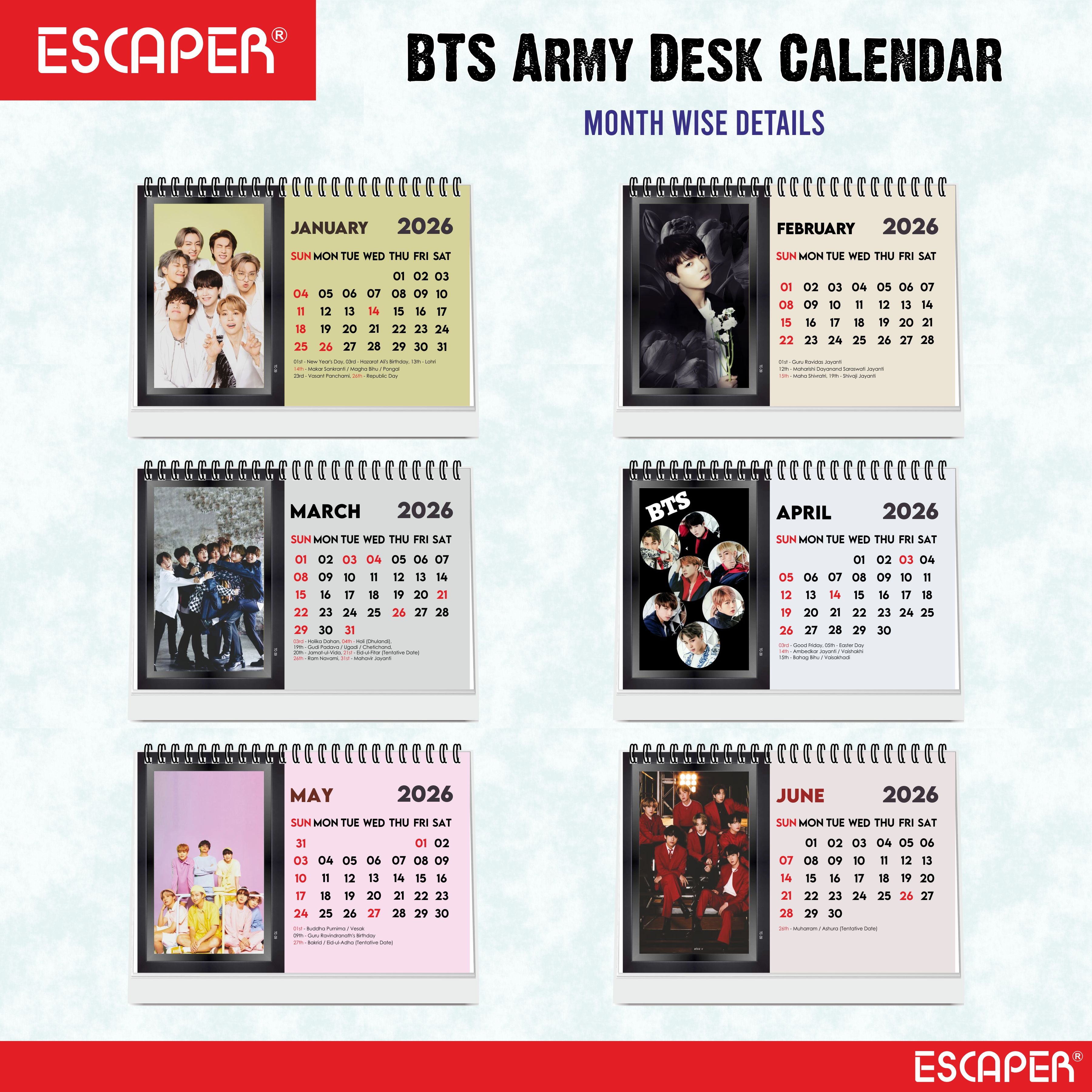 BTS Calendar 2026 Desk, BTS Band Desk & Table Calendar 2026, K-Pop BTS Square Calendar 2026, New Year BTS ARMY Gift & Collectible