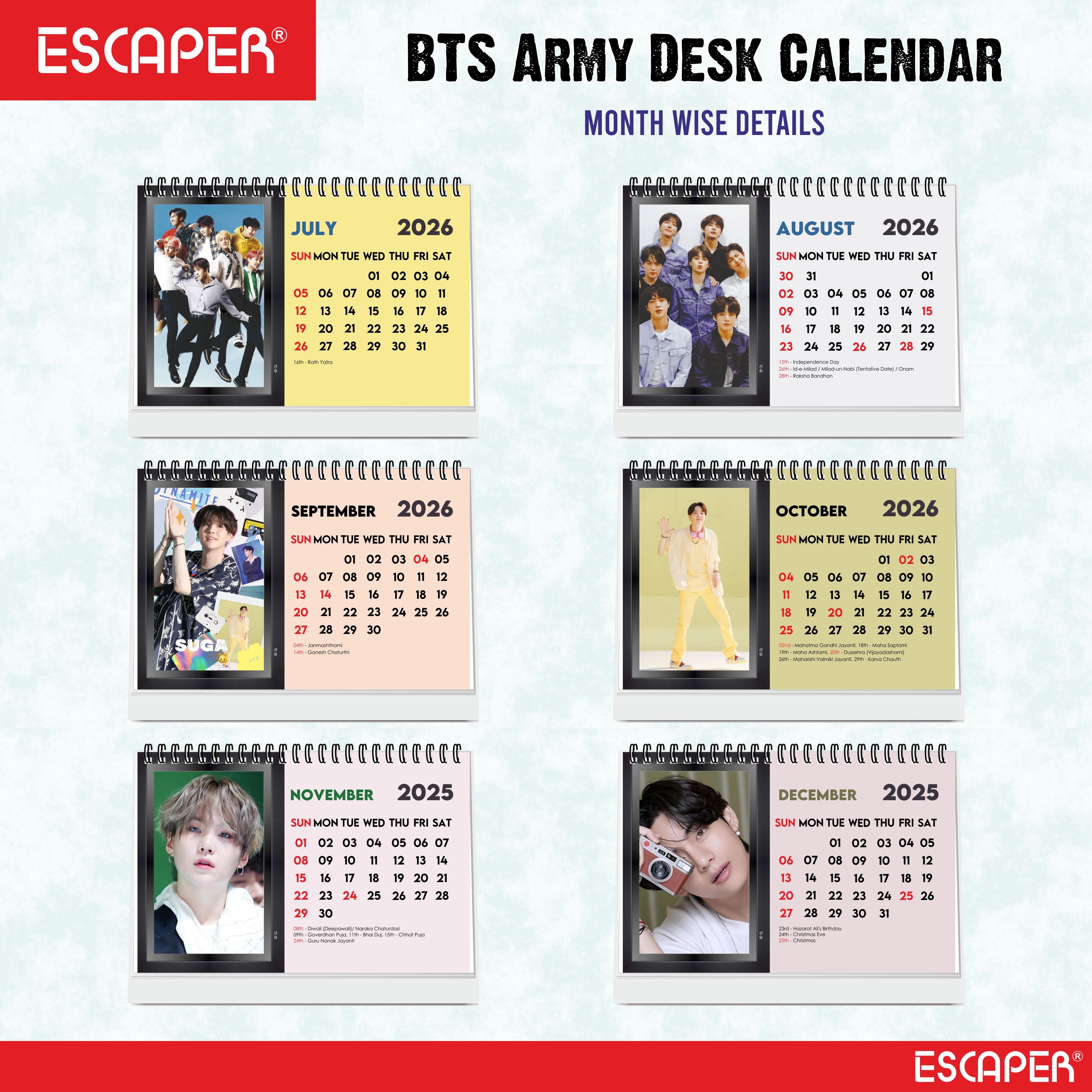 BTS Calendar 2026 Desk, BTS Band Desk & Table Calendar 2026, K-Pop BTS Square Calendar 2026, New Year BTS ARMY Gift & Collectible
