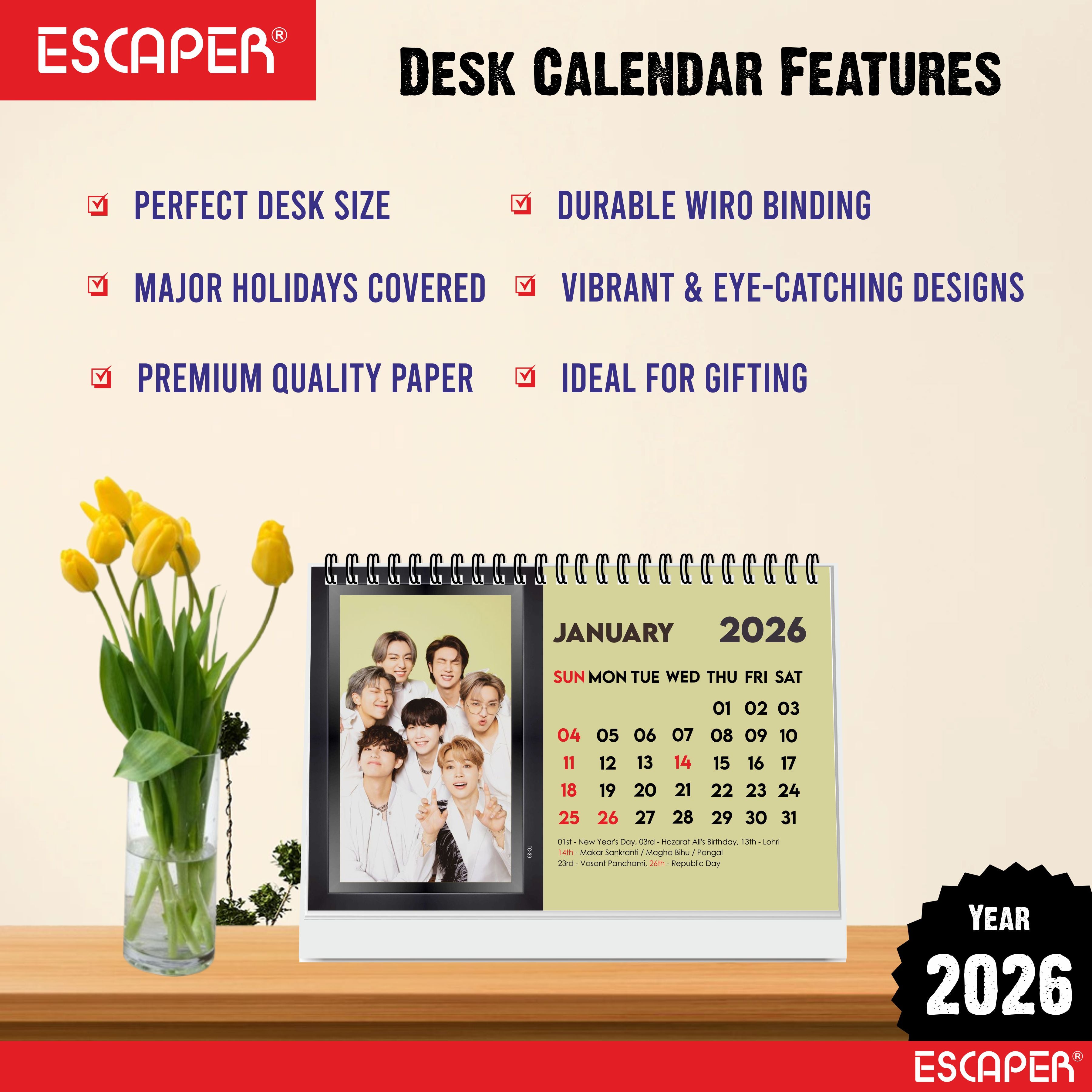 BTS Calendar 2026 Desk, BTS Band Desk & Table Calendar 2026, K-Pop BTS Square Calendar 2026, New Year BTS ARMY Gift & Collectible