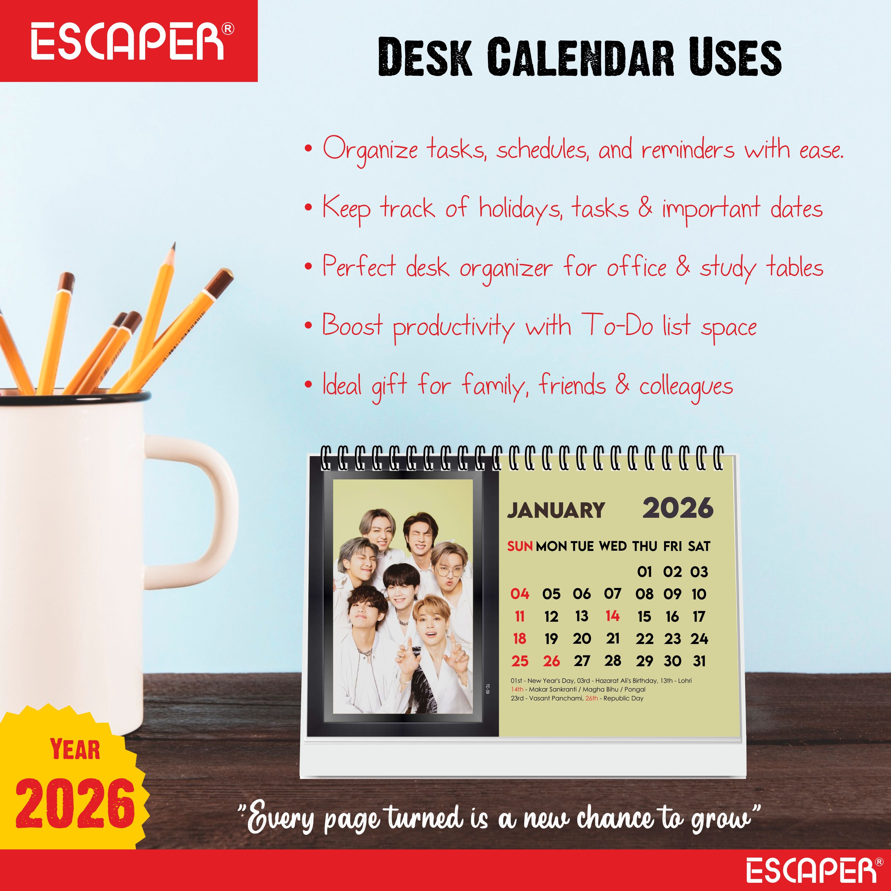 BTS Calendar 2026 Desk, BTS Band Desk & Table Calendar 2026, K-Pop BTS Square Calendar 2026, New Year BTS ARMY Gift & Collectible