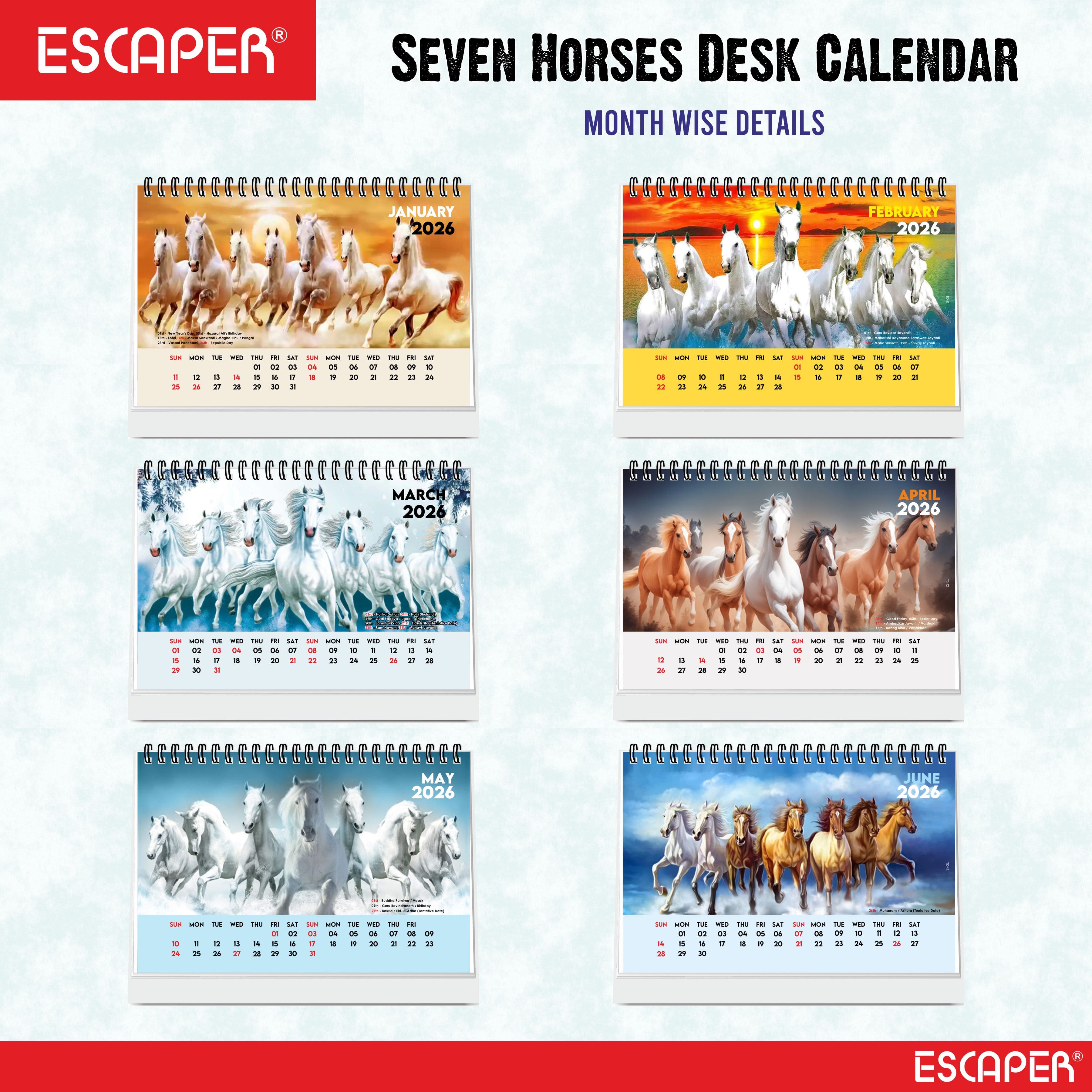 Seven Horses Calendar 2026 Desk, Seven Horses Desktop Table Calendar 2026, Seven Horses Photo Calendar 2026, New Year Calendar 2026, Office & Home Desk Decor