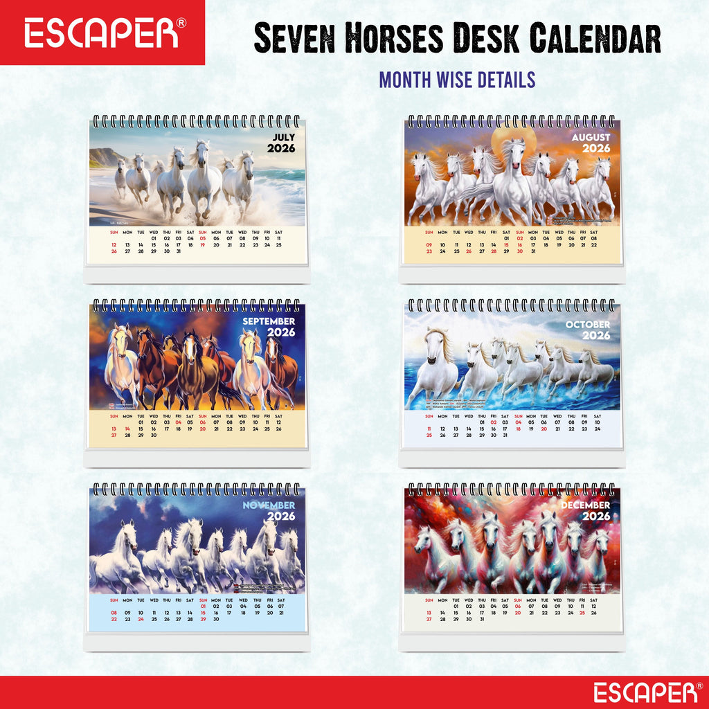 Seven Horses Calendar 2026 Desk, Seven Horses Desktop Table Calendar 2026, Seven Horses Photo Calendar 2026, New Year Calendar 2026, Office & Home Desk Decor