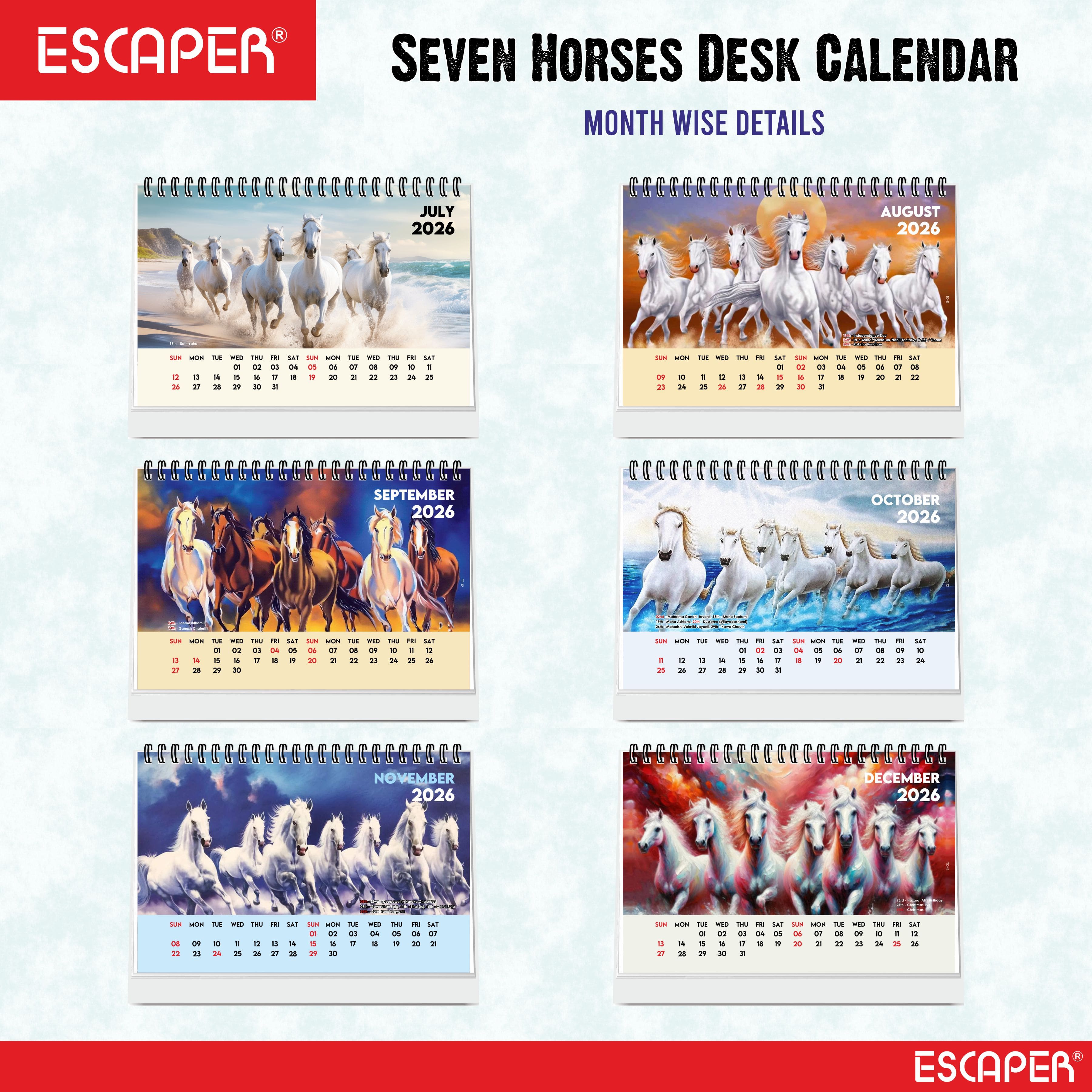 Seven Horses Calendar 2026 Desk, Seven Horses Desktop Table Calendar 2026, Seven Horses Photo Calendar 2026, New Year Calendar 2026, Office & Home Desk Decor