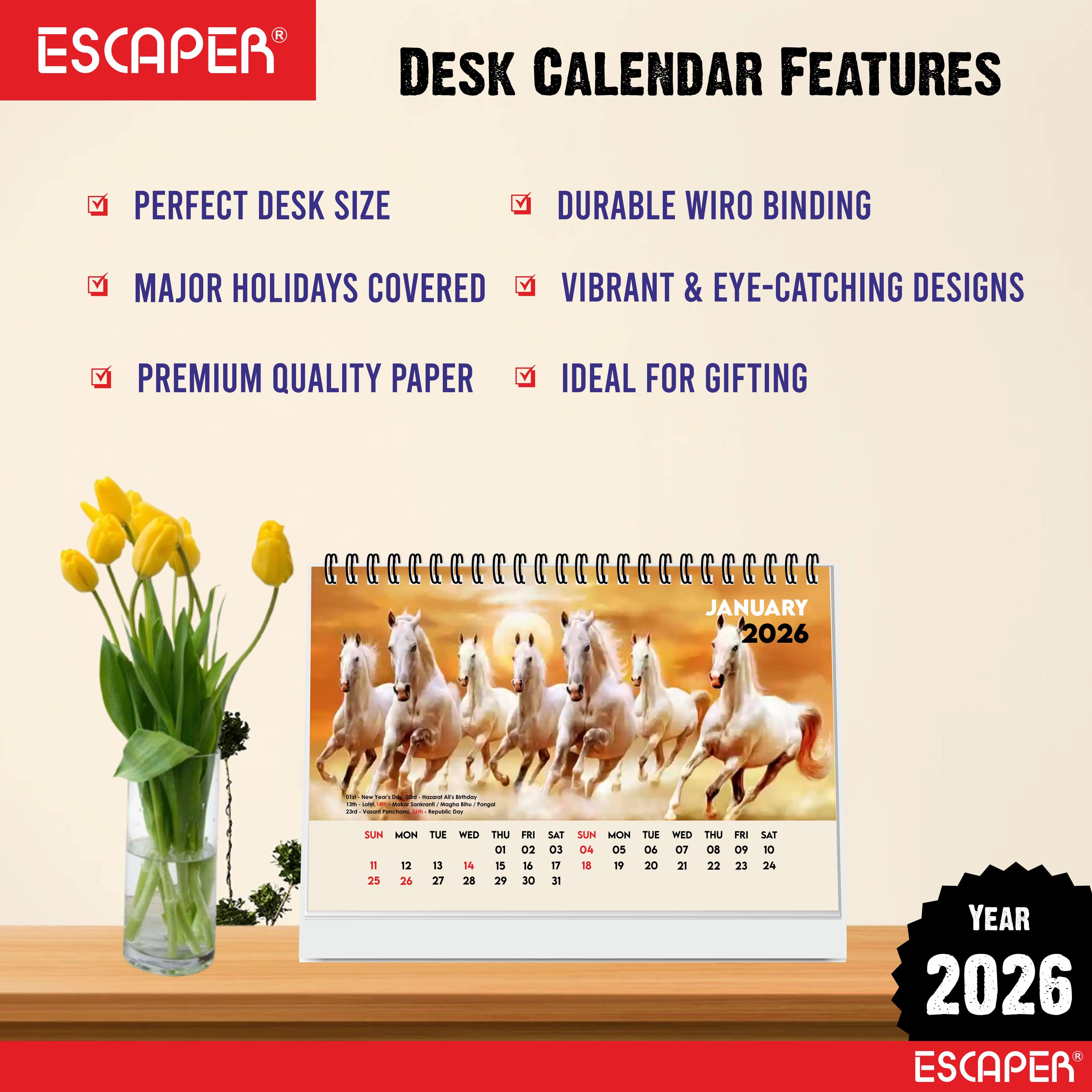 Seven Horses Calendar 2026 Desk, Seven Horses Desktop Table Calendar 2026, Seven Horses Photo Calendar 2026, New Year Calendar 2026, Office & Home Desk Decor