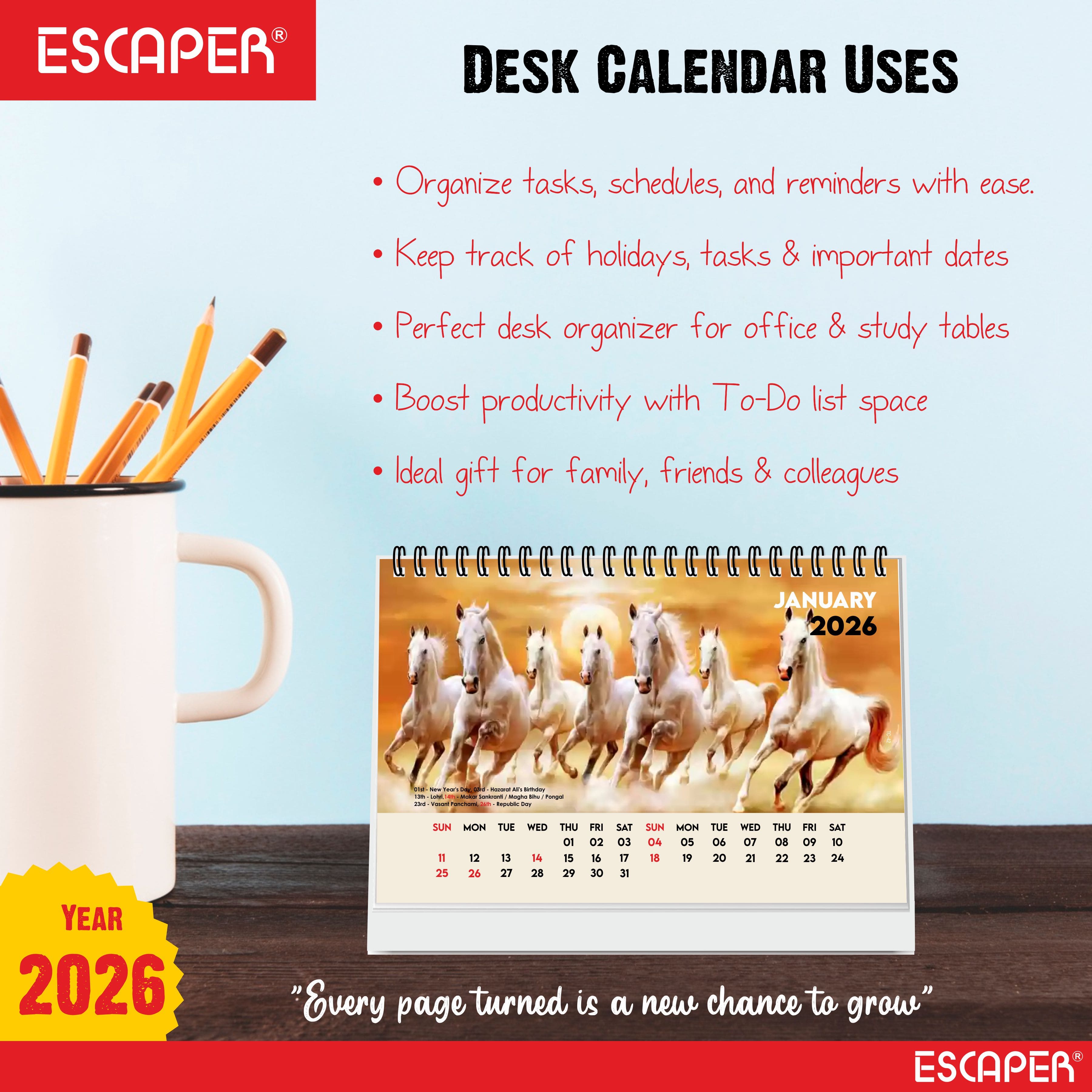 Seven Horses Calendar 2026 Desk, Seven Horses Desktop Table Calendar 2026, Seven Horses Photo Calendar 2026, New Year Calendar 2026, Office & Home Desk Decor