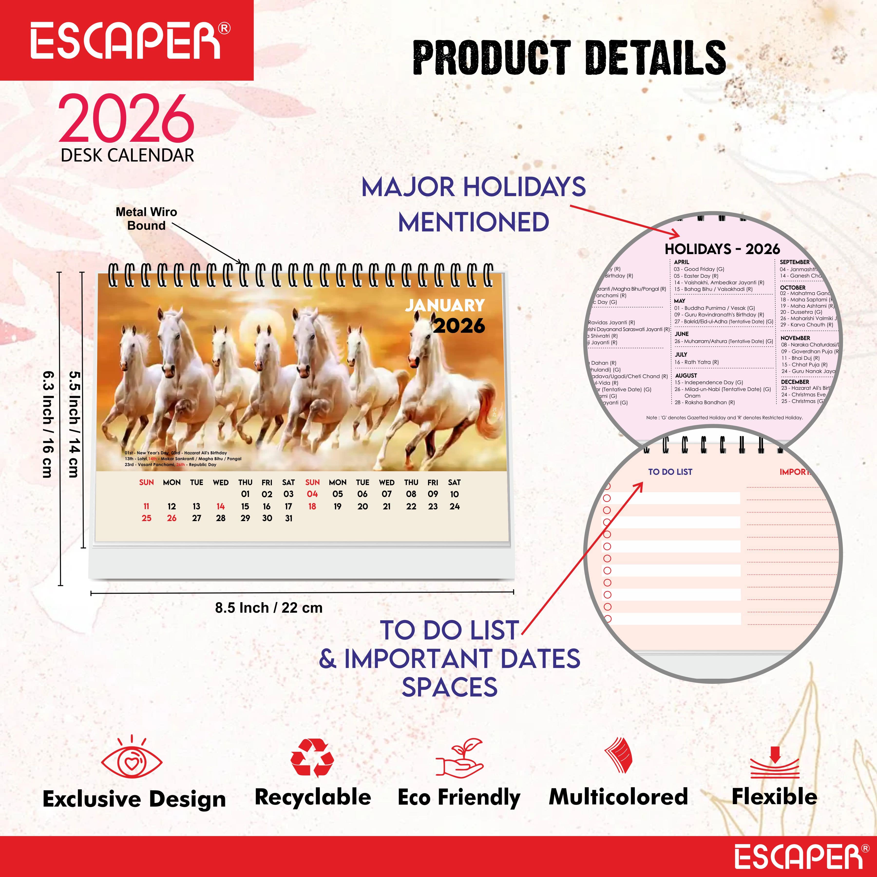 Seven Horses Calendar 2026 Desk, Seven Horses Desktop Table Calendar 2026, Seven Horses Photo Calendar 2026, New Year Calendar 2026, Office & Home Desk Decor