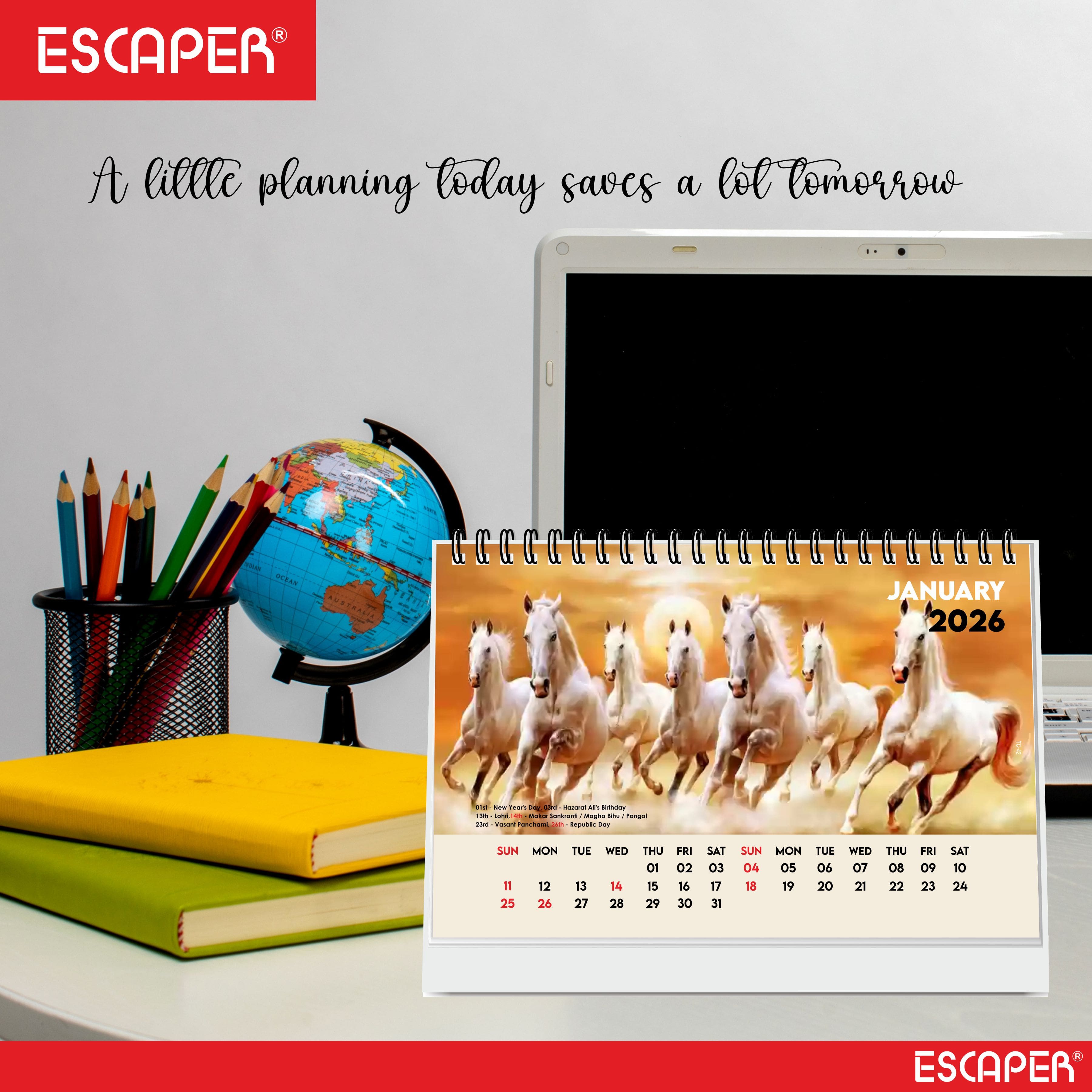 Seven Horses Calendar 2026 Desk, Seven Horses Desktop Table Calendar 2026, Seven Horses Photo Calendar 2026, New Year Calendar 2026, Office & Home Desk Decor