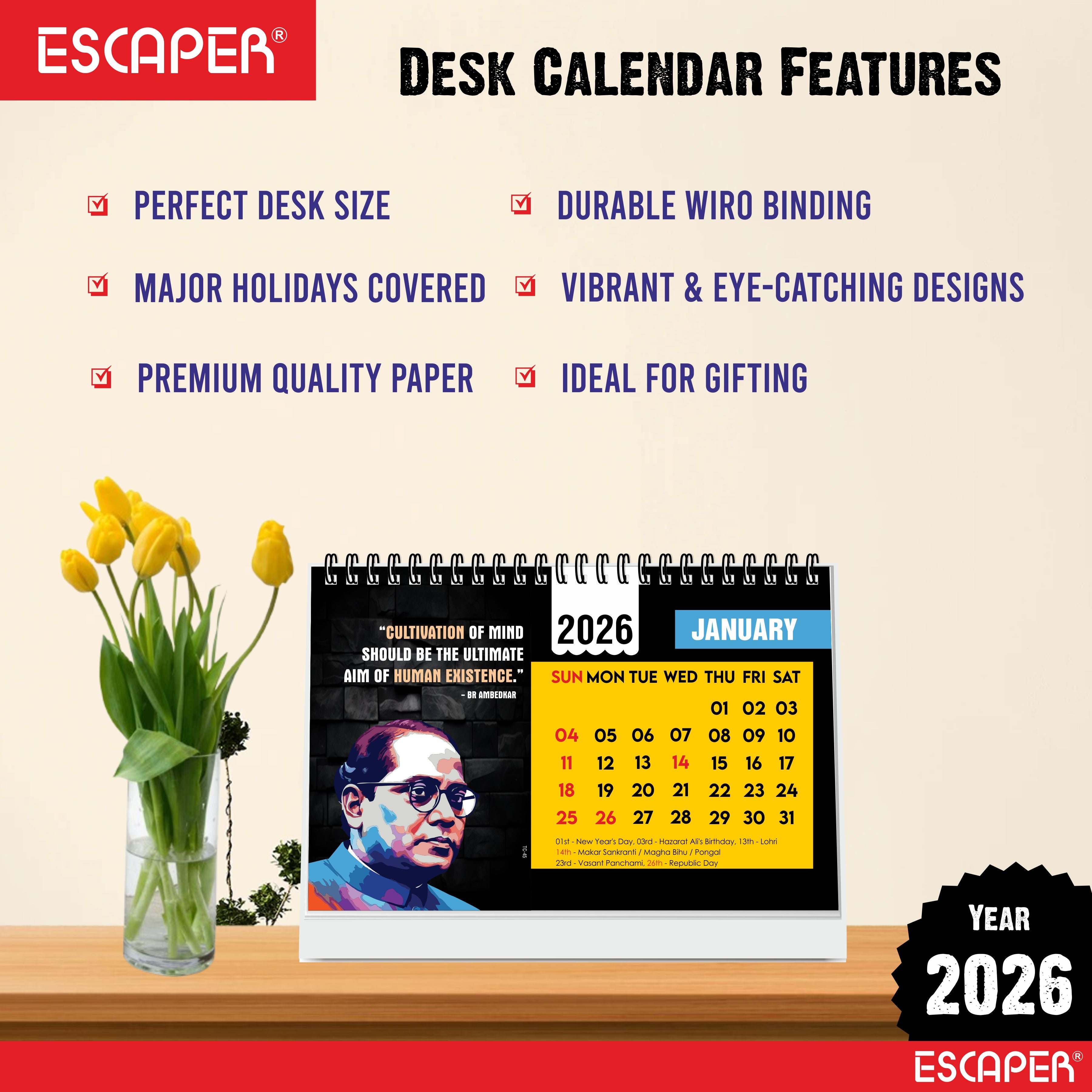 Inspirational Desk Calendar 2026, A5 Size Motivational Table Calendar 2026 with Quotes, New Year Gift for Home & Office