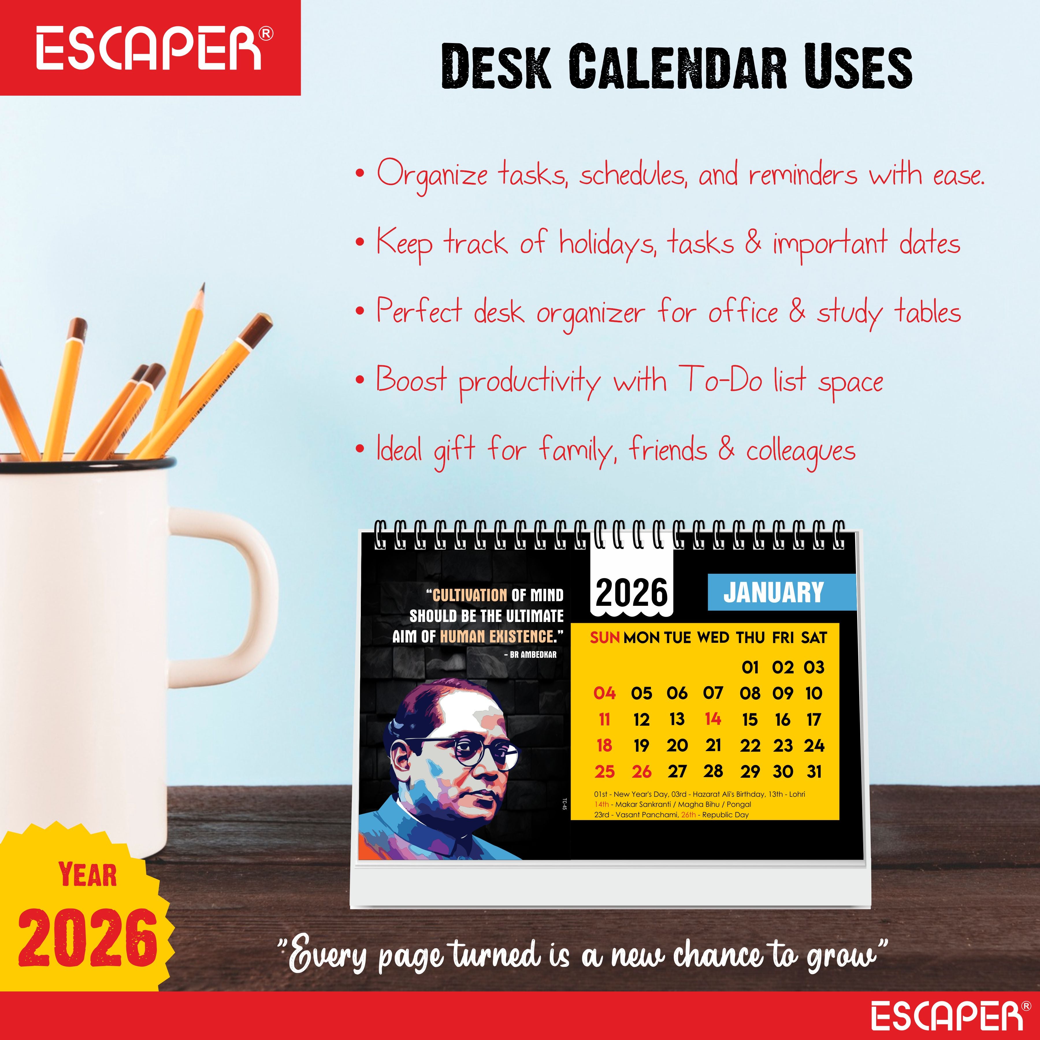 Inspirational Desk Calendar 2026, A5 Size Motivational Table Calendar 2026 with Quotes, New Year Gift for Home & Office