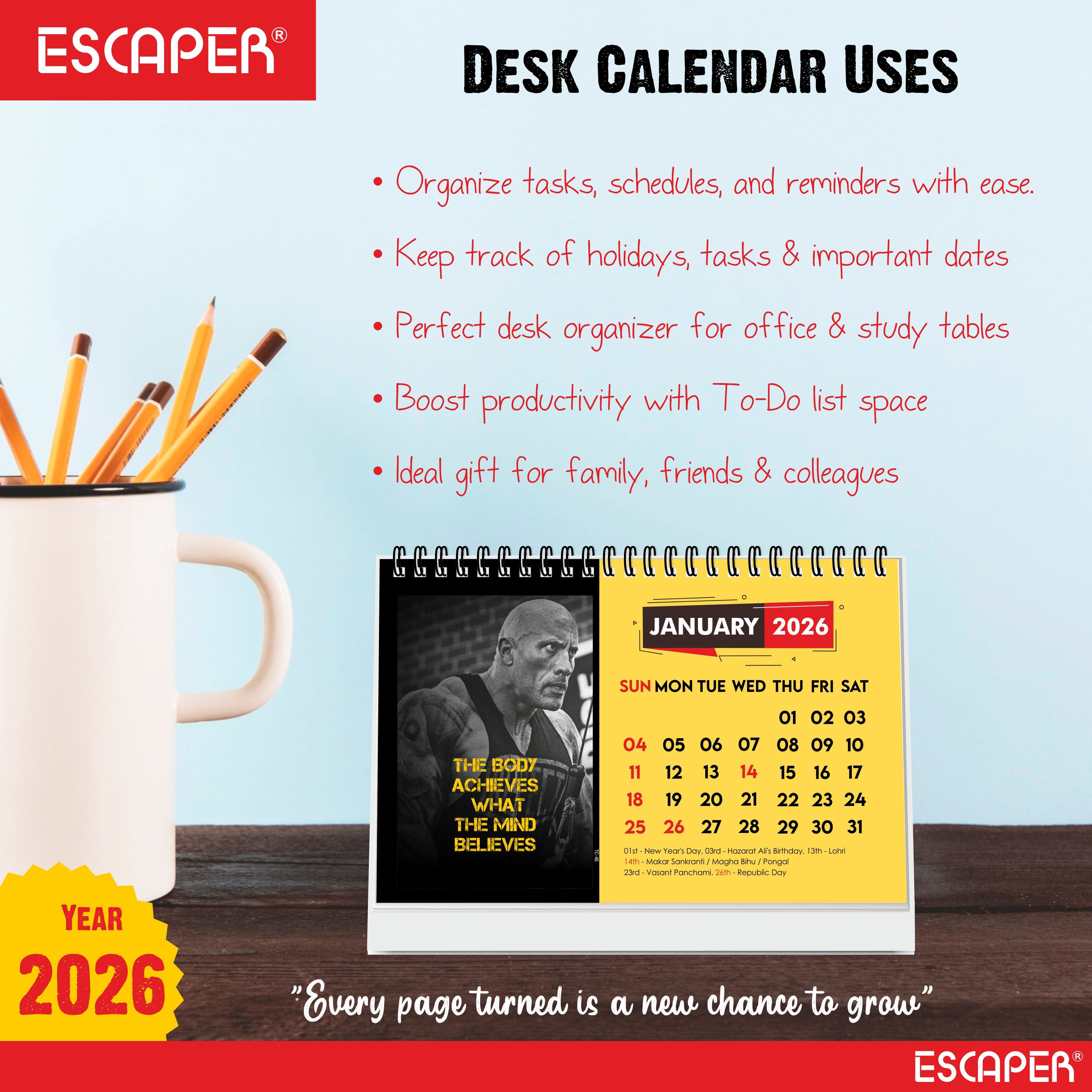 Gym Calendar 2026 Desk – Fitness & Workout Table Calendar, Gym Motivation Calendar, Bodybuilding Planner, Exercise & Training Desk Calendar, New Year Gift