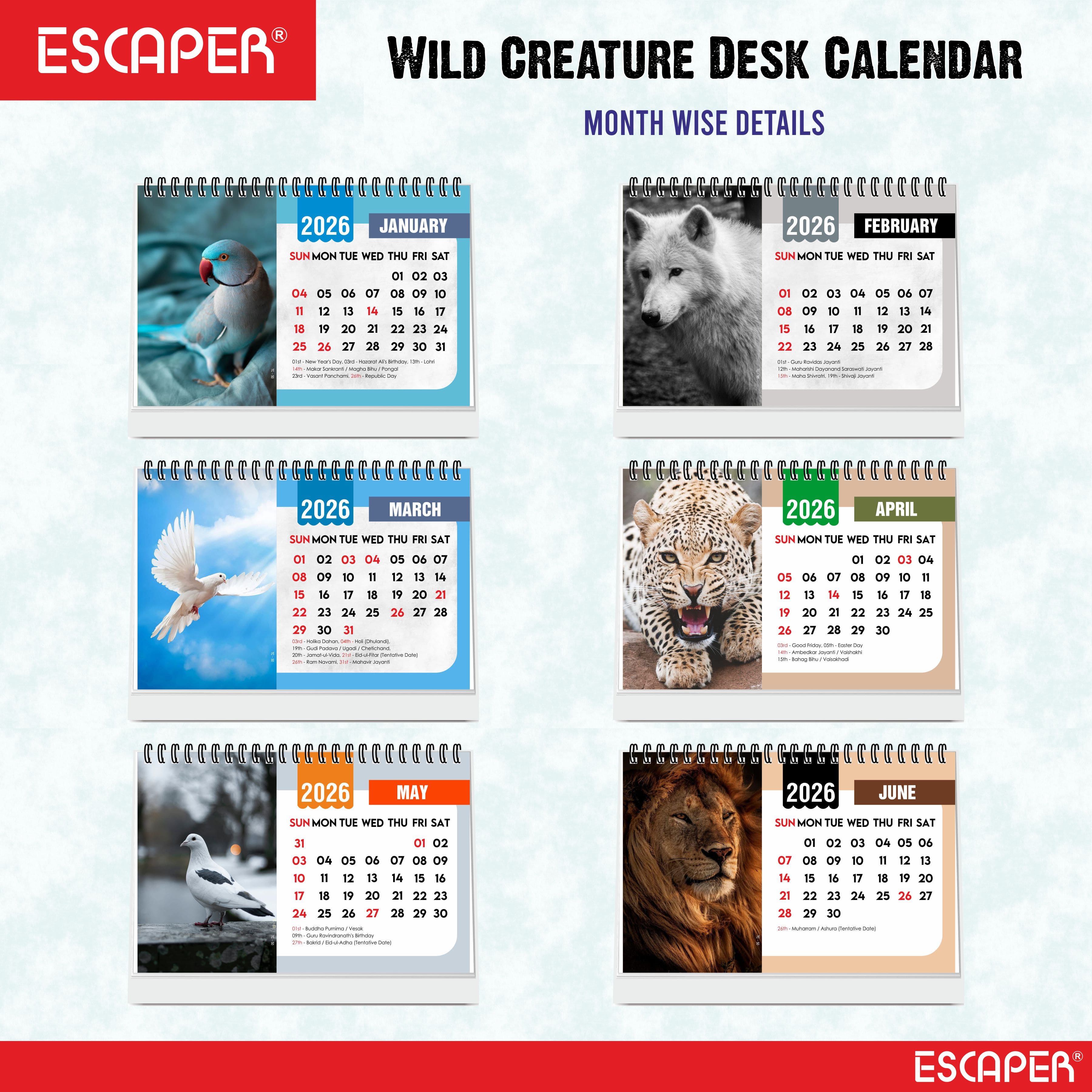 Animals Desk Calendar 2026 – Cute Dogs, Puppies, Cats, Birds & Wildlife Calendar for Home, Office, and Pet Lovers