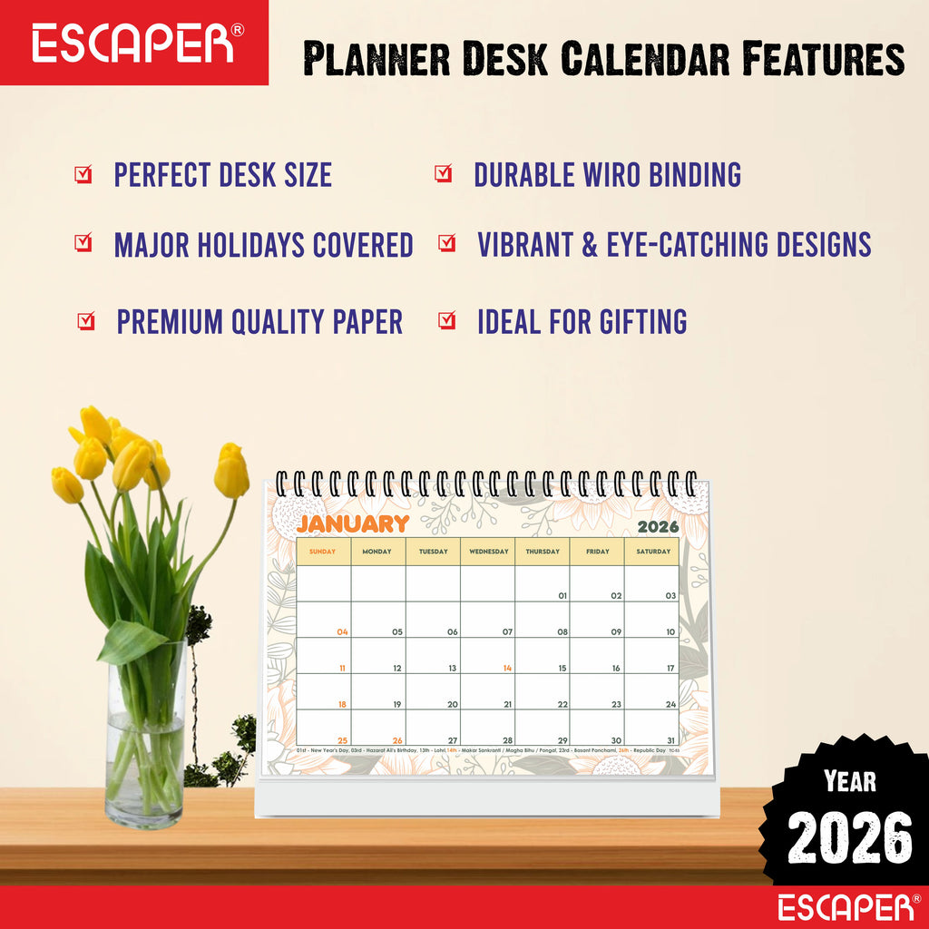 Floral 2026 Desk Planner & Table Calendar – A5 Daily Organiser for Home, Office & Study, Desk Calendar 2026 to Track Tasks, Notes, Meetings & Important Dates, New Year Gift