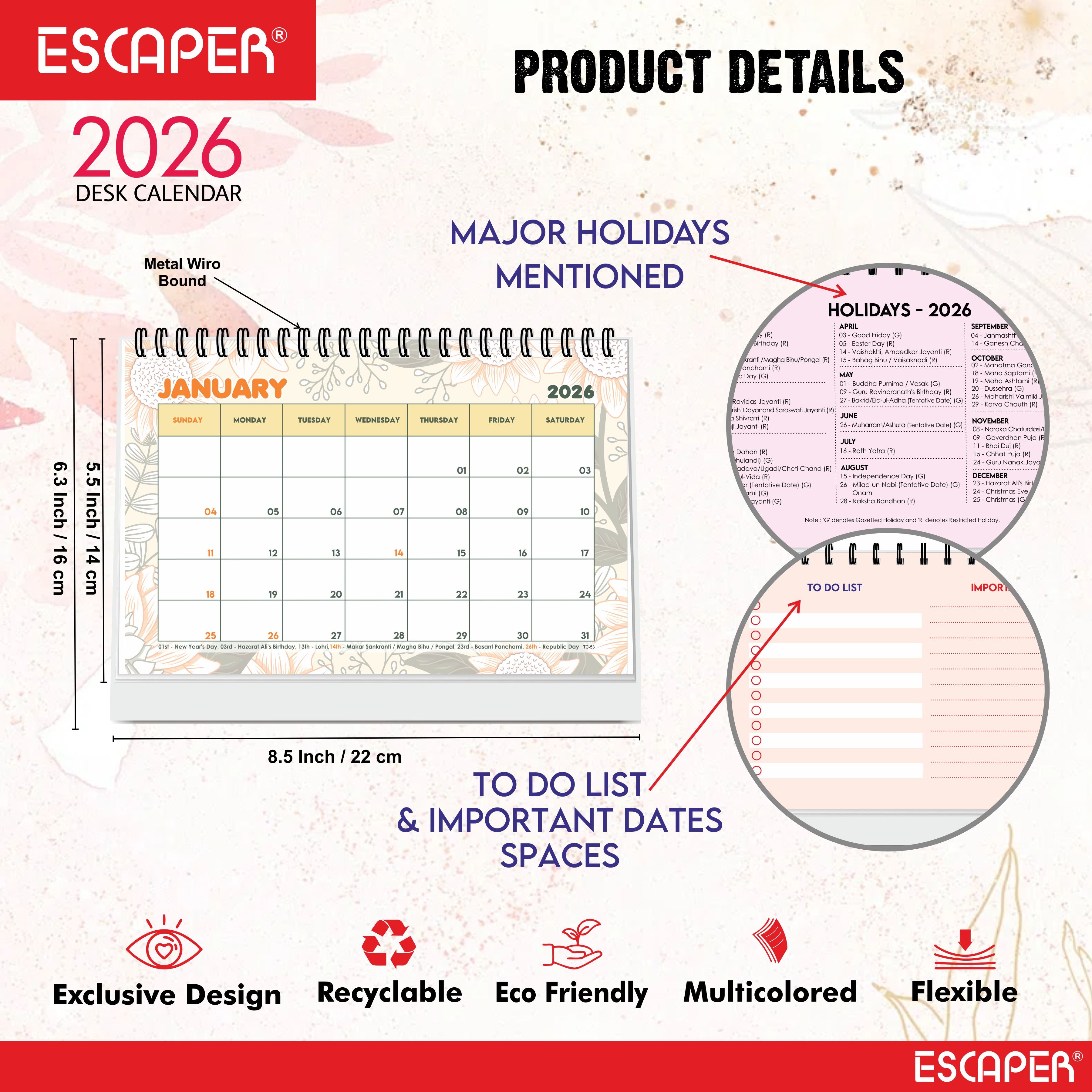 Floral 2026 Desk Planner & Table Calendar – A5 Daily Organiser for Home, Office & Study, Desk Calendar 2026 to Track Tasks, Notes, Meetings & Important Dates, New Year Gift