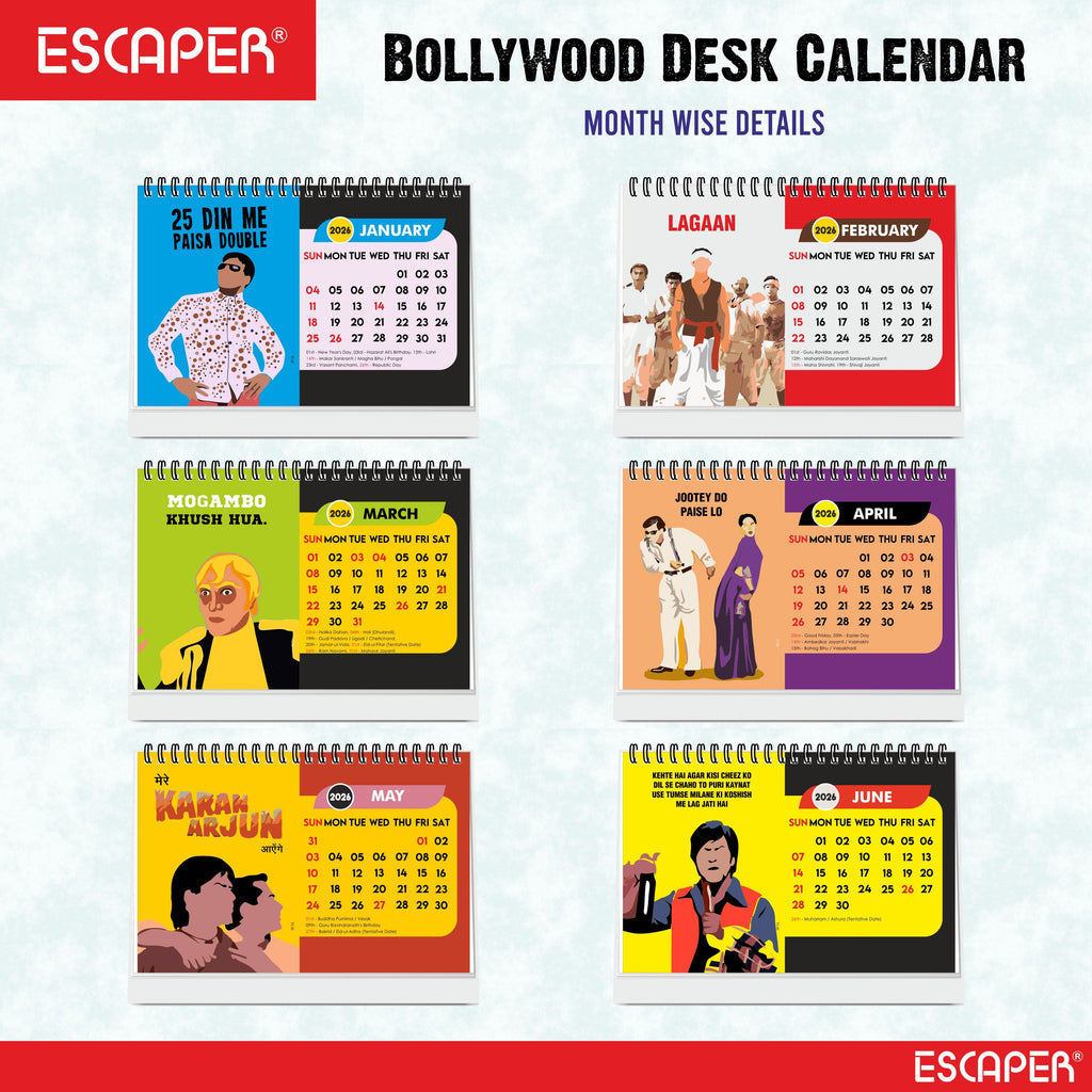 Famous Bollywood Dialogues Calendar 2026 Desk – Bollywood Movie Quotes, Iconic Actor Lines, Cinema Table Calendar, A5 Desk Calendar for Bollywood Fans