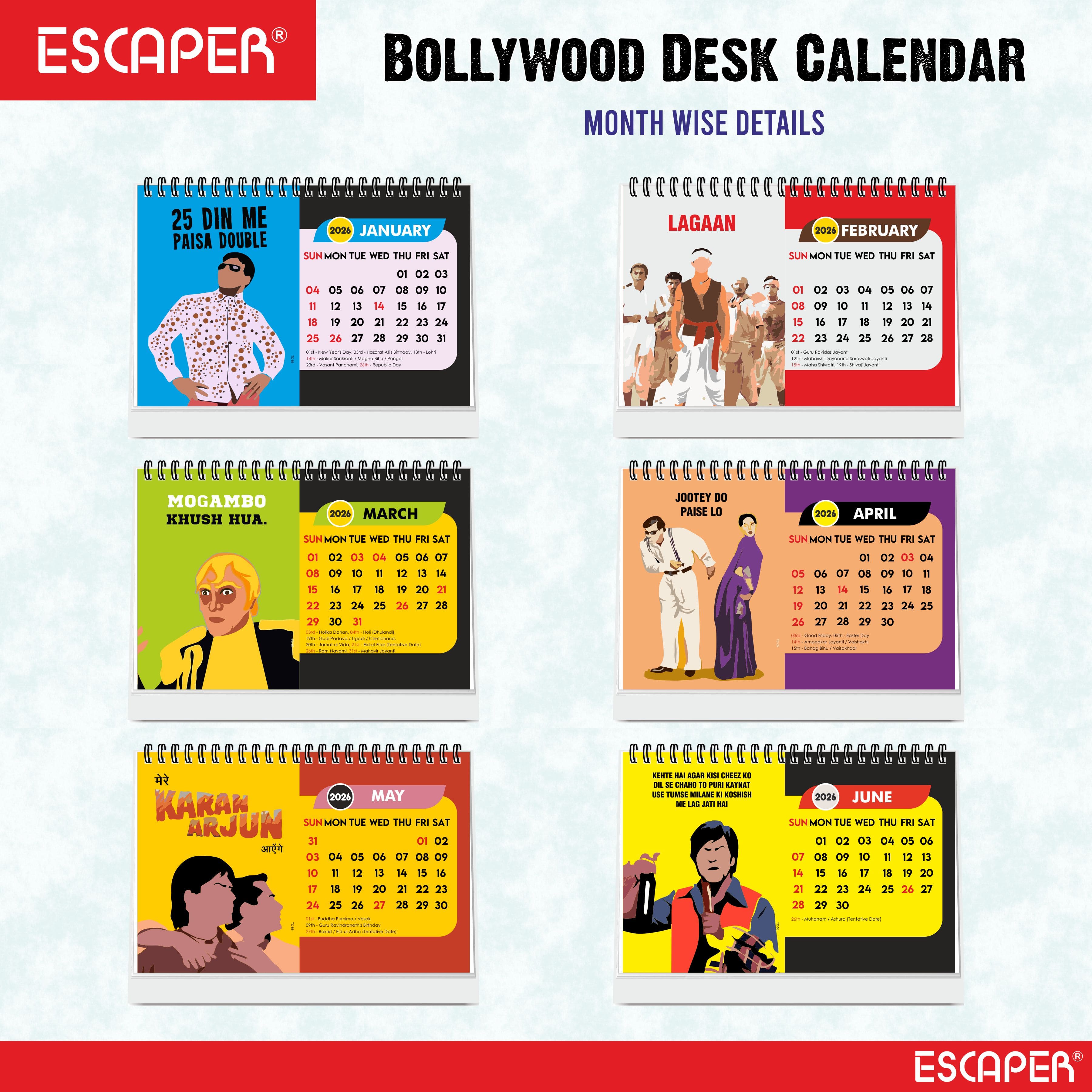 Famous Bollywood Dialogues Calendar 2026 Desk – Bollywood Movie Quotes, Iconic Actor Lines, Cinema Table Calendar, A5 Desk Calendar for Bollywood Fans