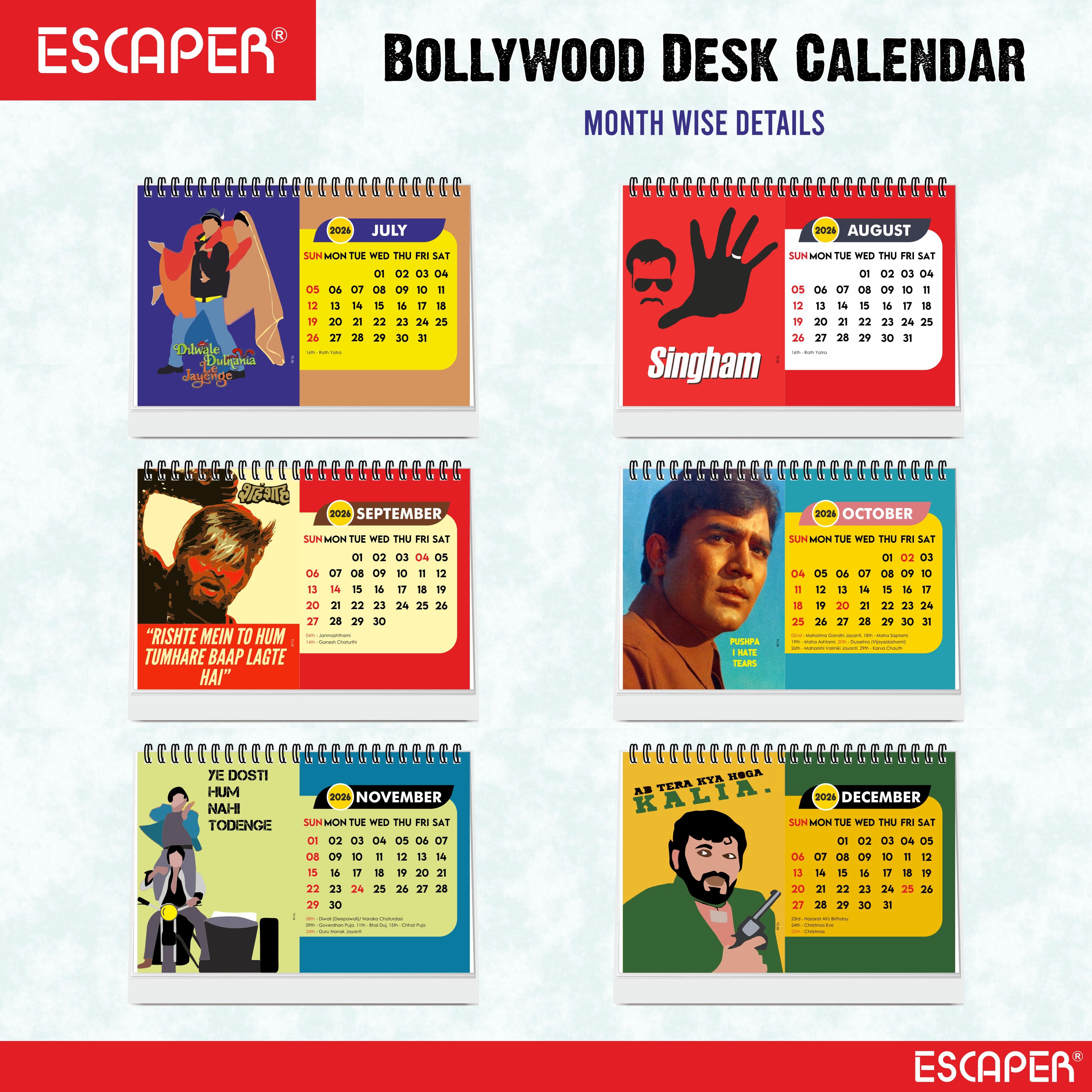 Famous Bollywood Dialogues Calendar 2026 Desk – Bollywood Movie Quotes, Iconic Actor Lines, Cinema Table Calendar, A5 Desk Calendar for Bollywood Fans