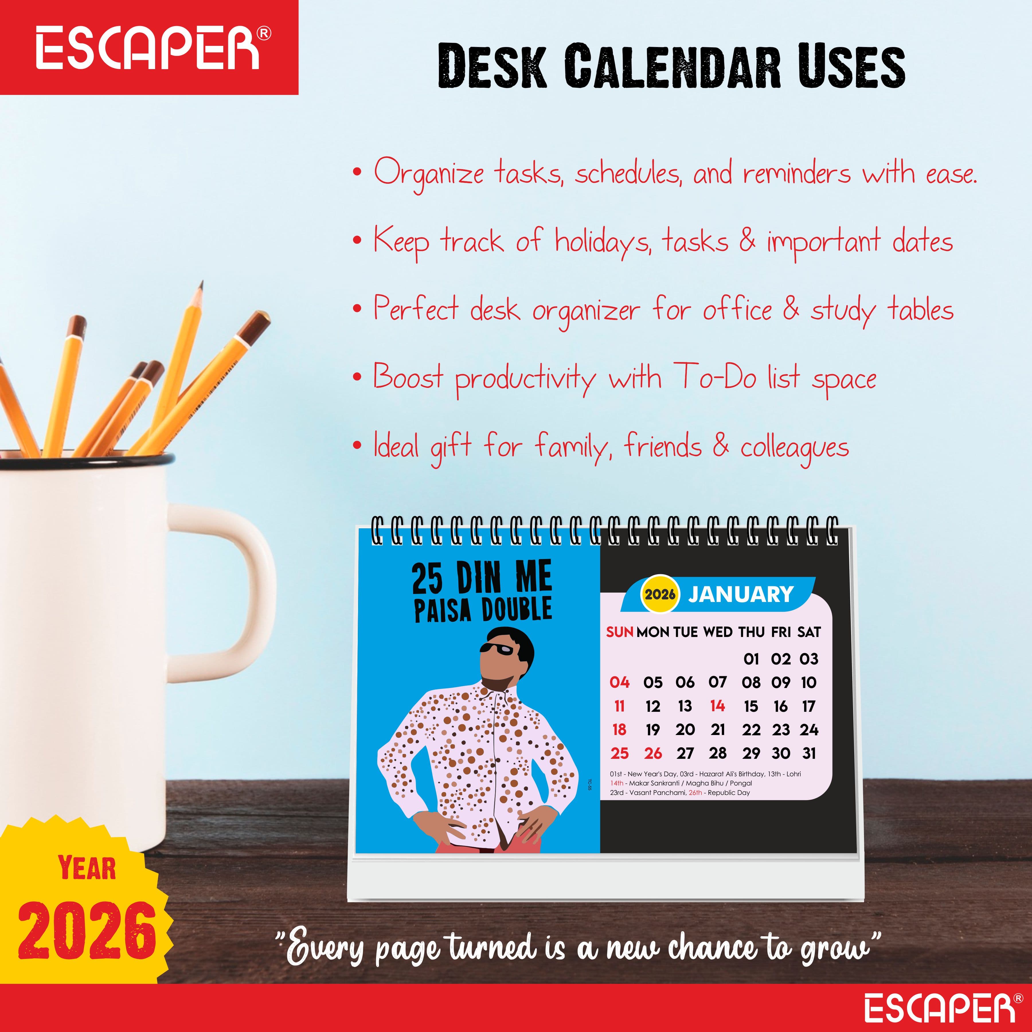 Famous Bollywood Dialogues Calendar 2026 Desk – Bollywood Movie Quotes, Iconic Actor Lines, Cinema Table Calendar, A5 Desk Calendar for Bollywood Fans