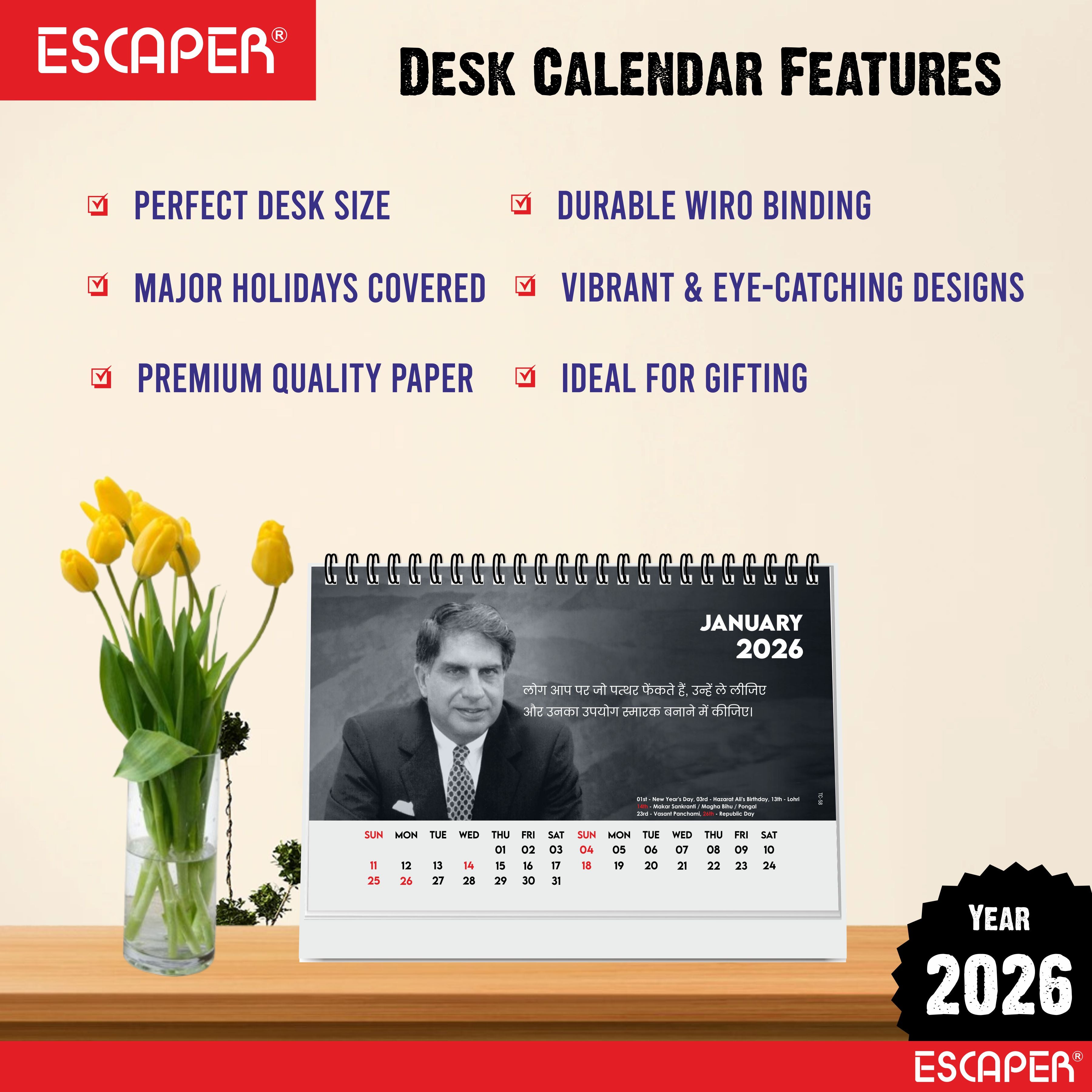 Famous Legend Ratan Sir Desk Calendar 2026, A5 Size, Motivational Table Calendar 2026, Inspirational Photo Calendar 2026 Perfect For Home & Office Decor, Inspirational Calendar 2026