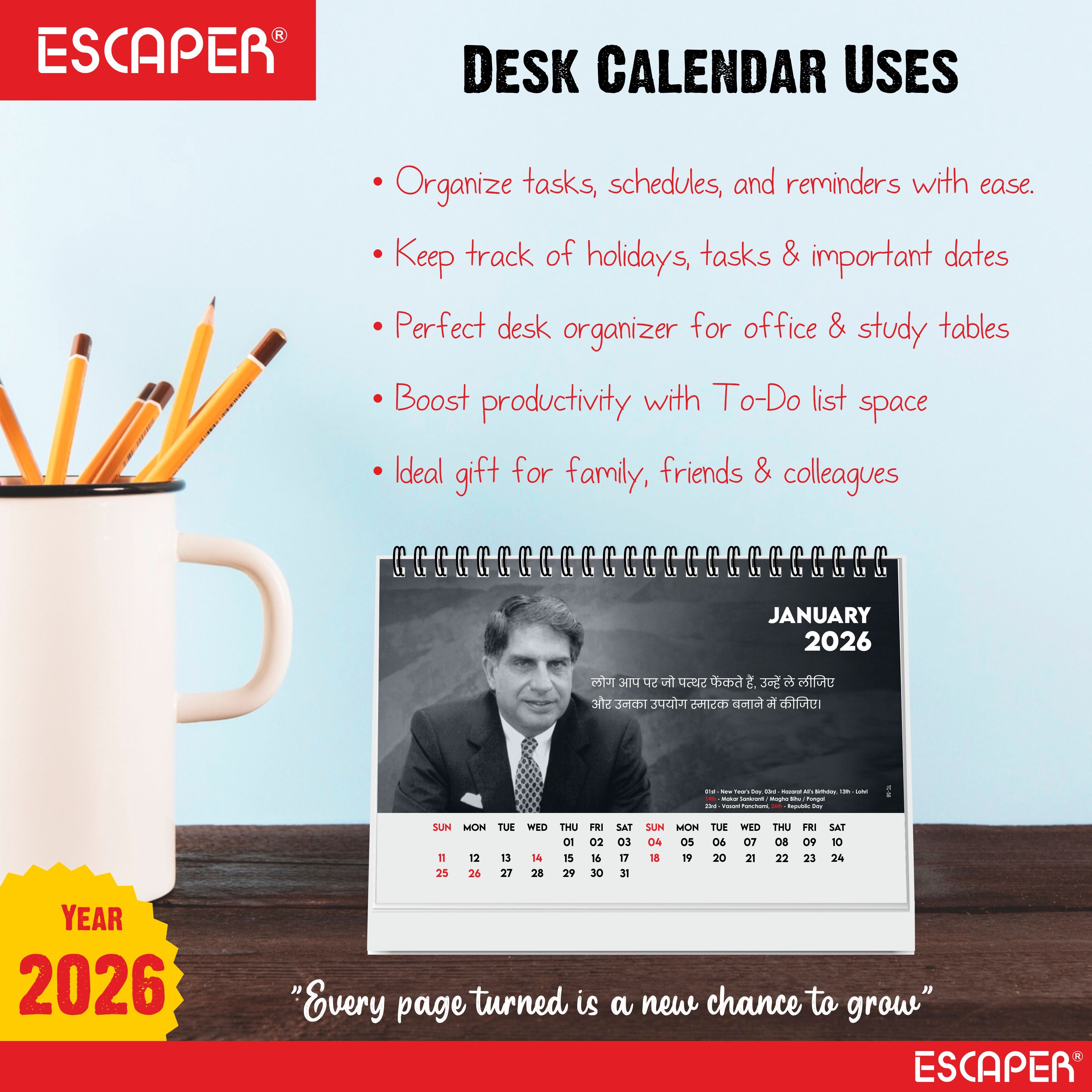 Famous Legend Ratan Sir Desk Calendar 2026, A5 Size, Motivational Table Calendar 2026, Inspirational Photo Calendar 2026 Perfect For Home & Office Decor, Inspirational Calendar 2026