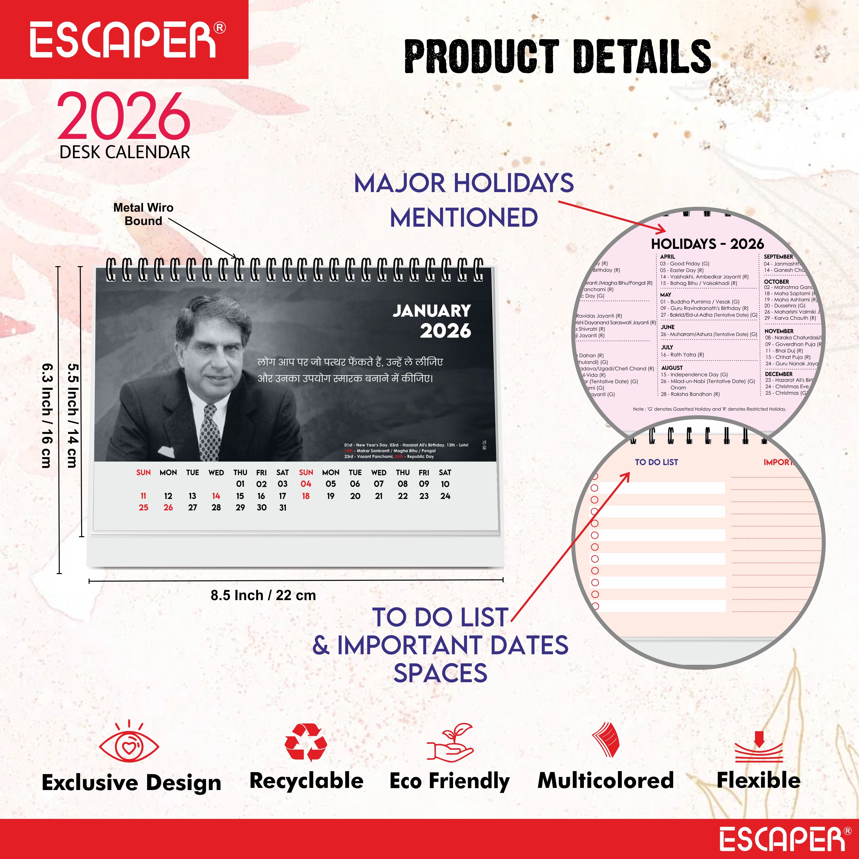 Famous Legend Ratan Sir Desk Calendar 2026, A5 Size, Motivational Table Calendar 2026, Inspirational Photo Calendar 2026 Perfect For Home & Office Decor, Inspirational Calendar 2026