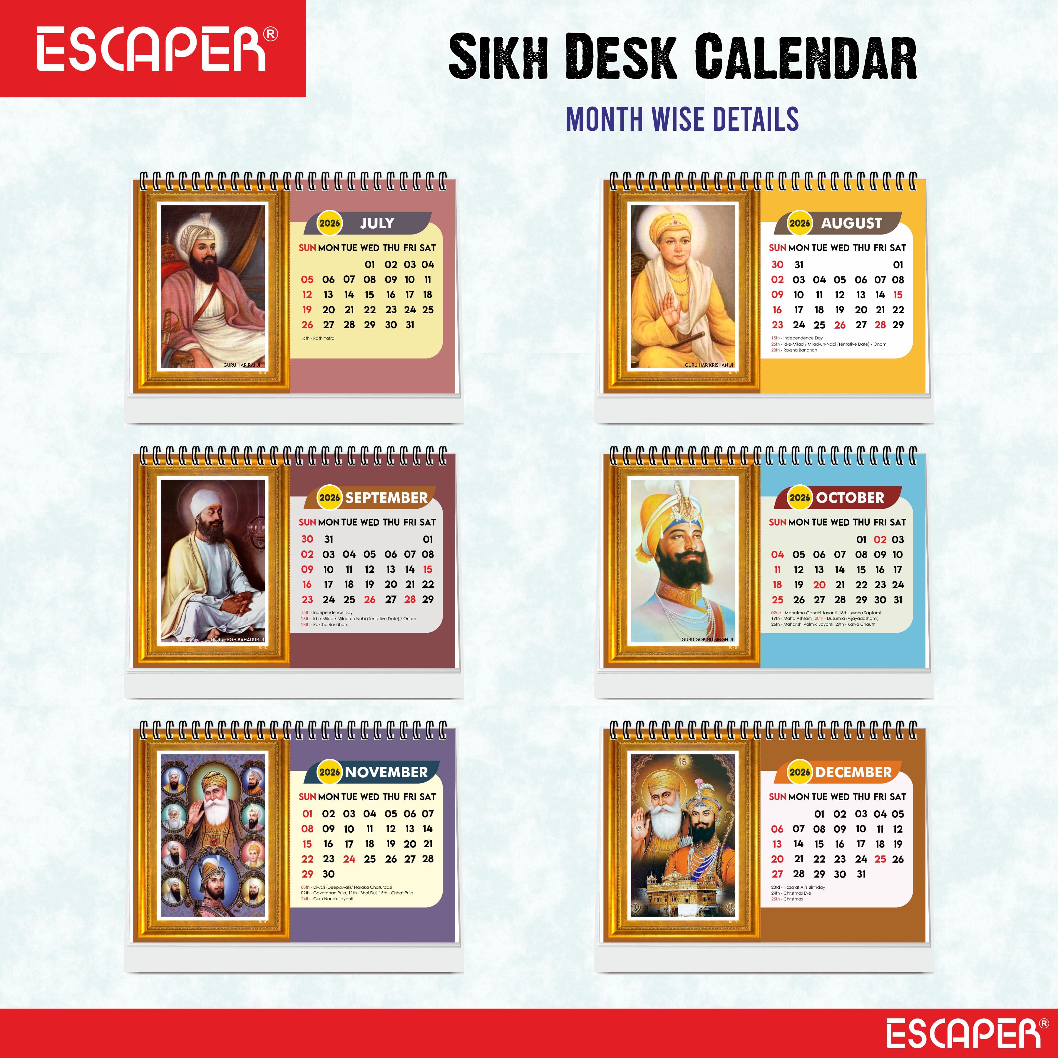 Sikh Calendar 2026 Desk, Sikhism Calendar 2026, Guru Nanak & Guru Govind Singh Photos, Sikh Guru Images, Religious Desk Calendar 2026