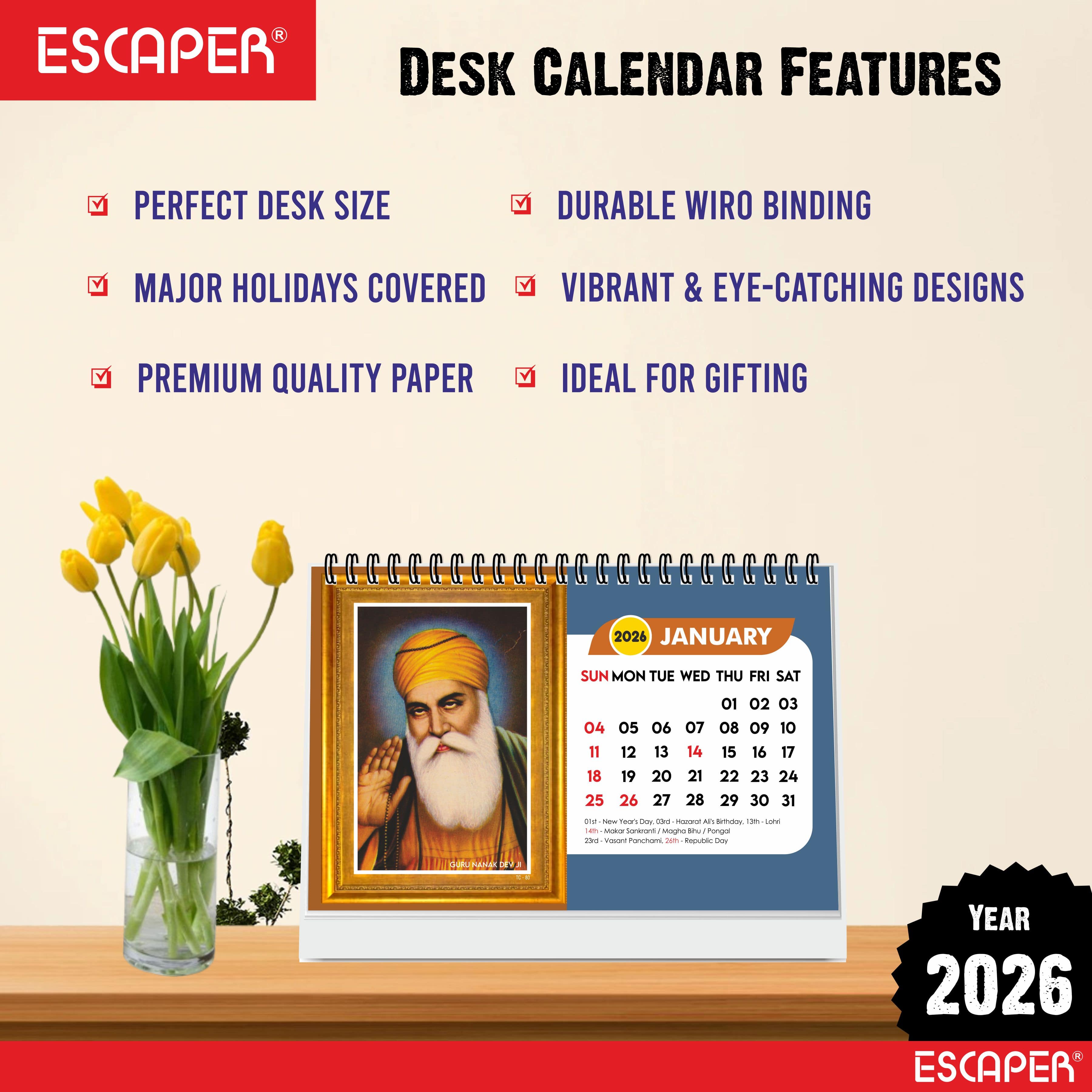 Sikh Calendar 2026 Desk, Sikhism Calendar 2026, Guru Nanak & Guru Govind Singh Photos, Sikh Guru Images, Religious Desk Calendar 2026