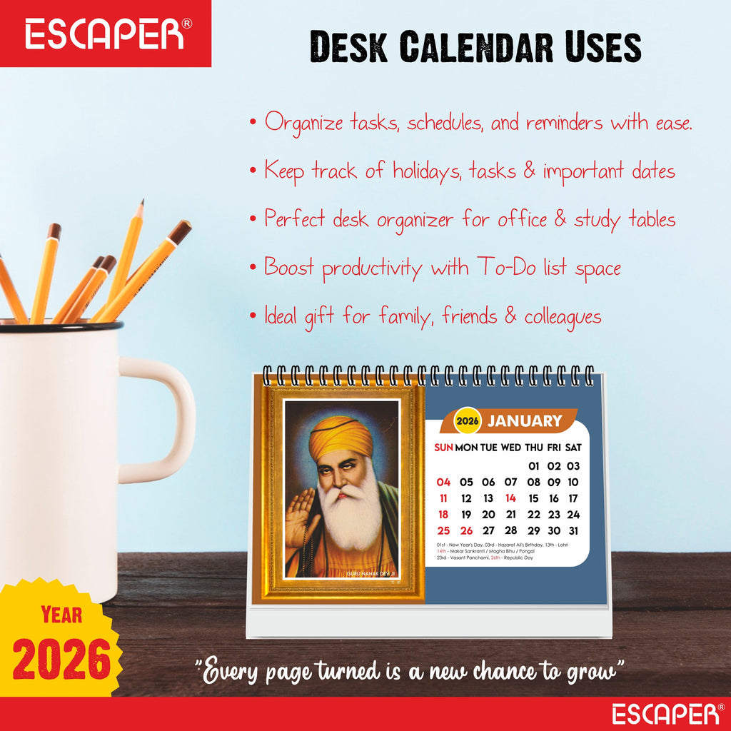 Sikh Calendar 2026 Desk, Sikhism Calendar 2026, Guru Nanak & Guru Govind Singh Photos, Sikh Guru Images, Religious Desk Calendar 2026