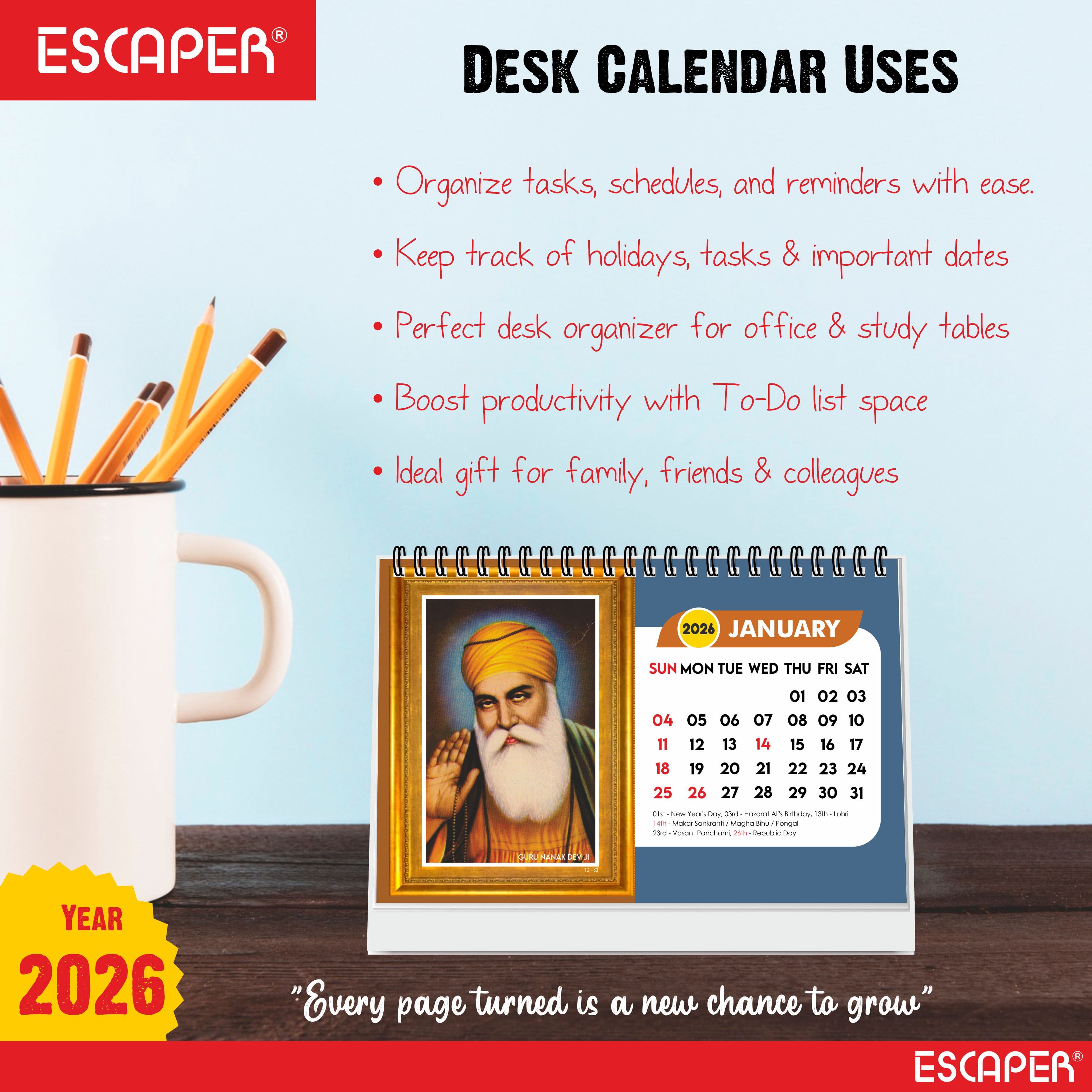 Sikh Calendar 2026 Desk, Sikhism Calendar 2026, Guru Nanak & Guru Govind Singh Photos, Sikh Guru Images, Religious Desk Calendar 2026