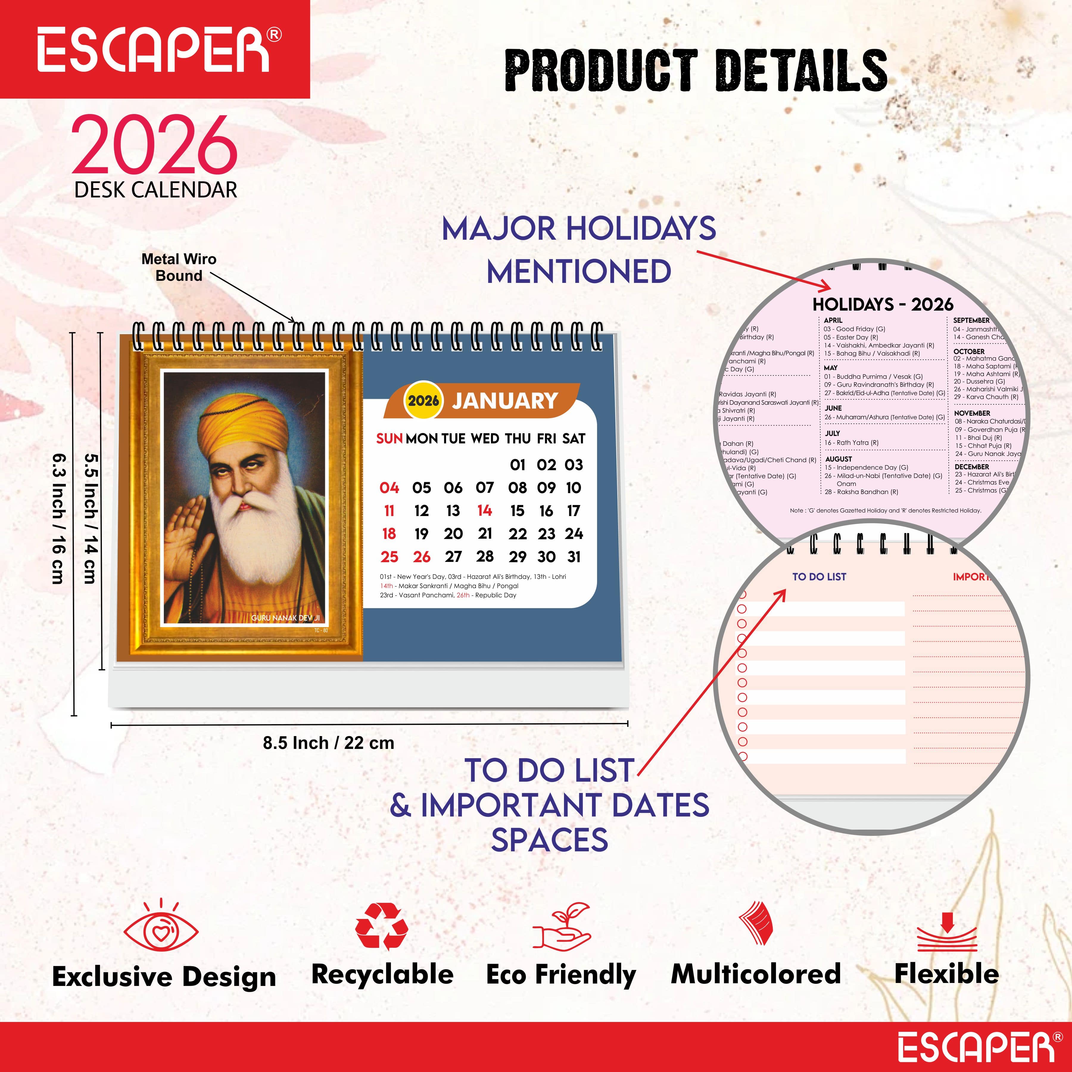 Sikh Calendar 2026 Desk, Sikhism Calendar 2026, Guru Nanak & Guru Govind Singh Photos, Sikh Guru Images, Religious Desk Calendar 2026