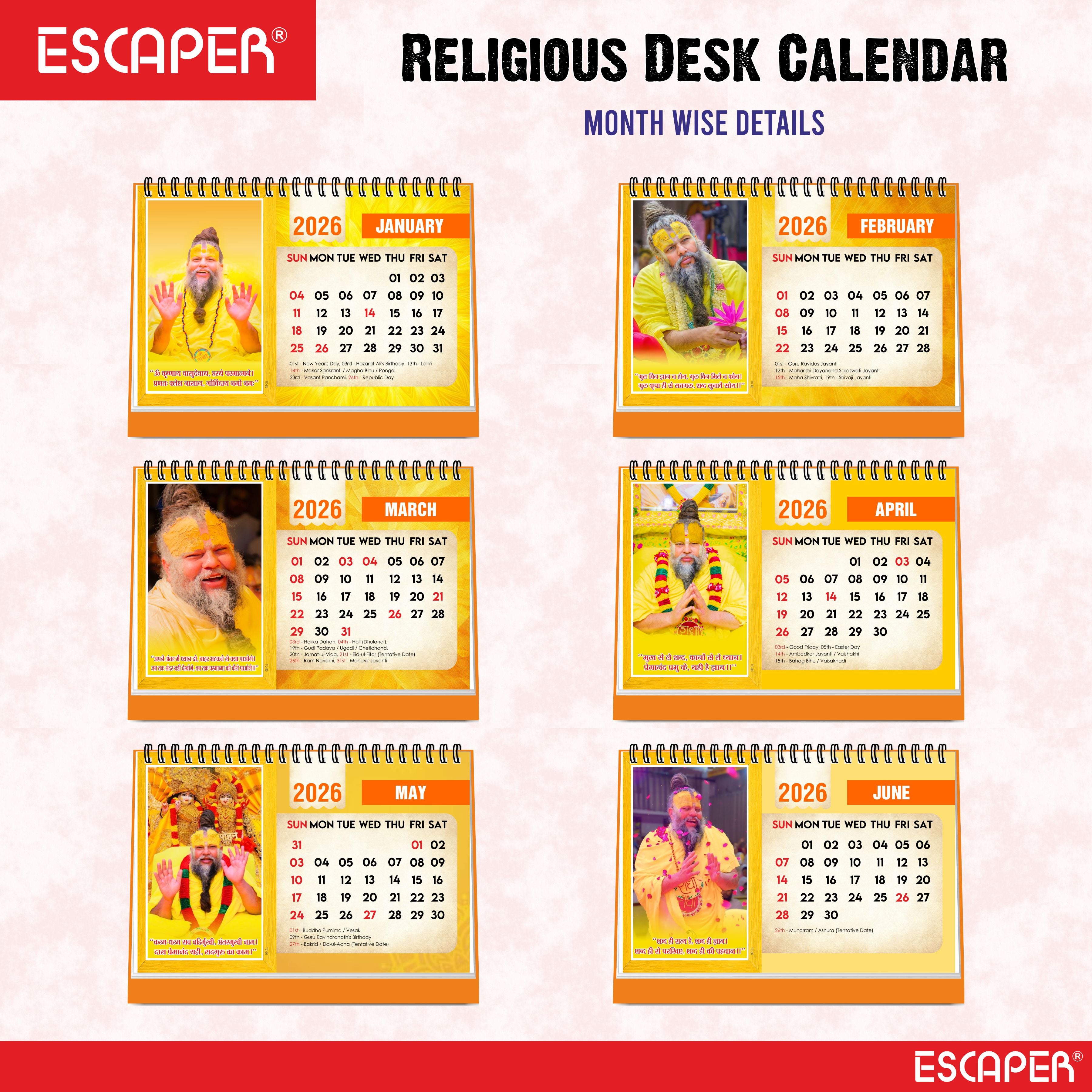 Premanand Ji Maharaj Desk Calendar 2026 – A5 Size, Devotional & Religious Table Calendar with Inspirational Quotes, Famous Indian Guru Photo Calendar, Premanand Ji Calendar 2026