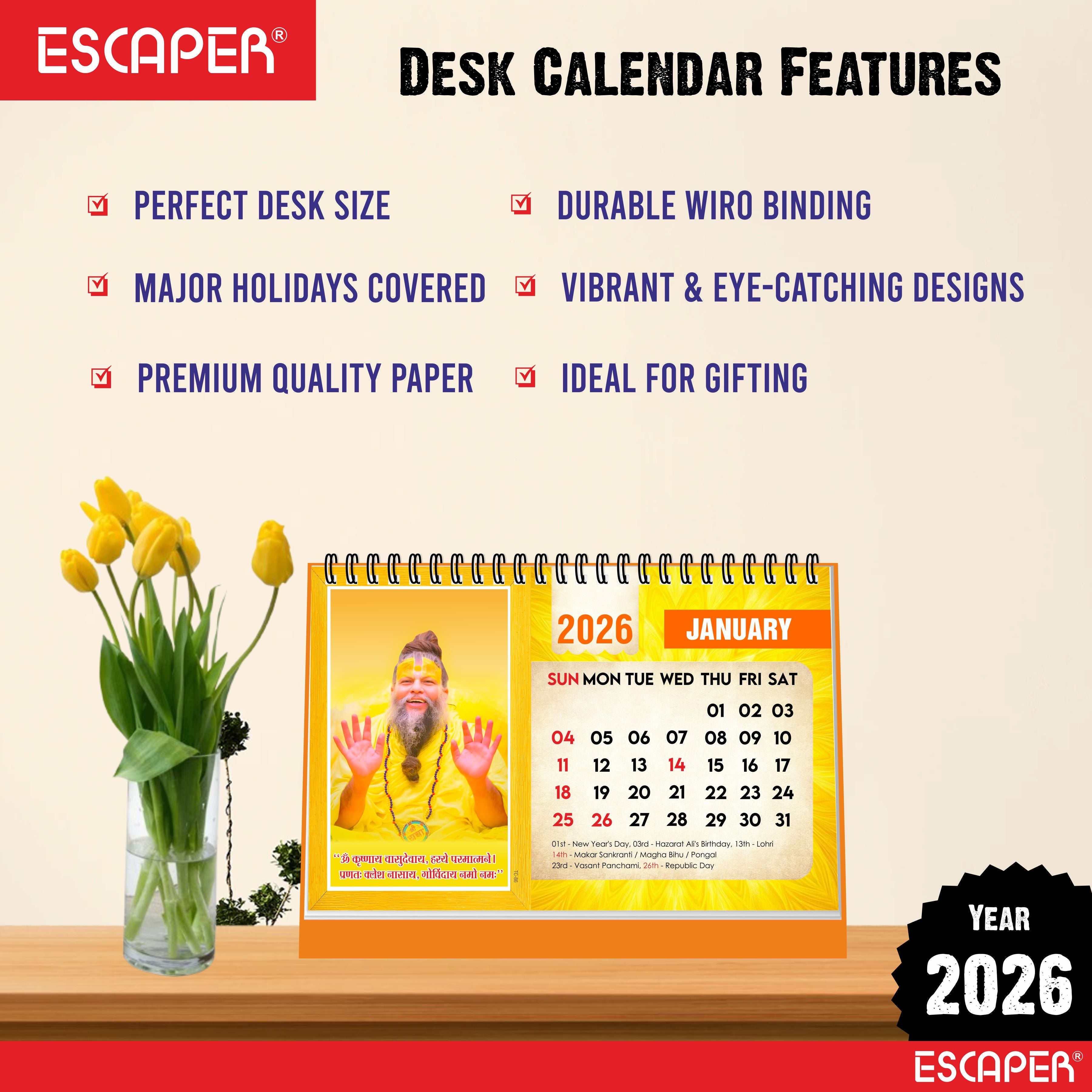 Premanand Ji Maharaj Desk Calendar 2026 – A5 Size, Devotional & Religious Table Calendar with Inspirational Quotes, Famous Indian Guru Photo Calendar, Premanand Ji Calendar 2026