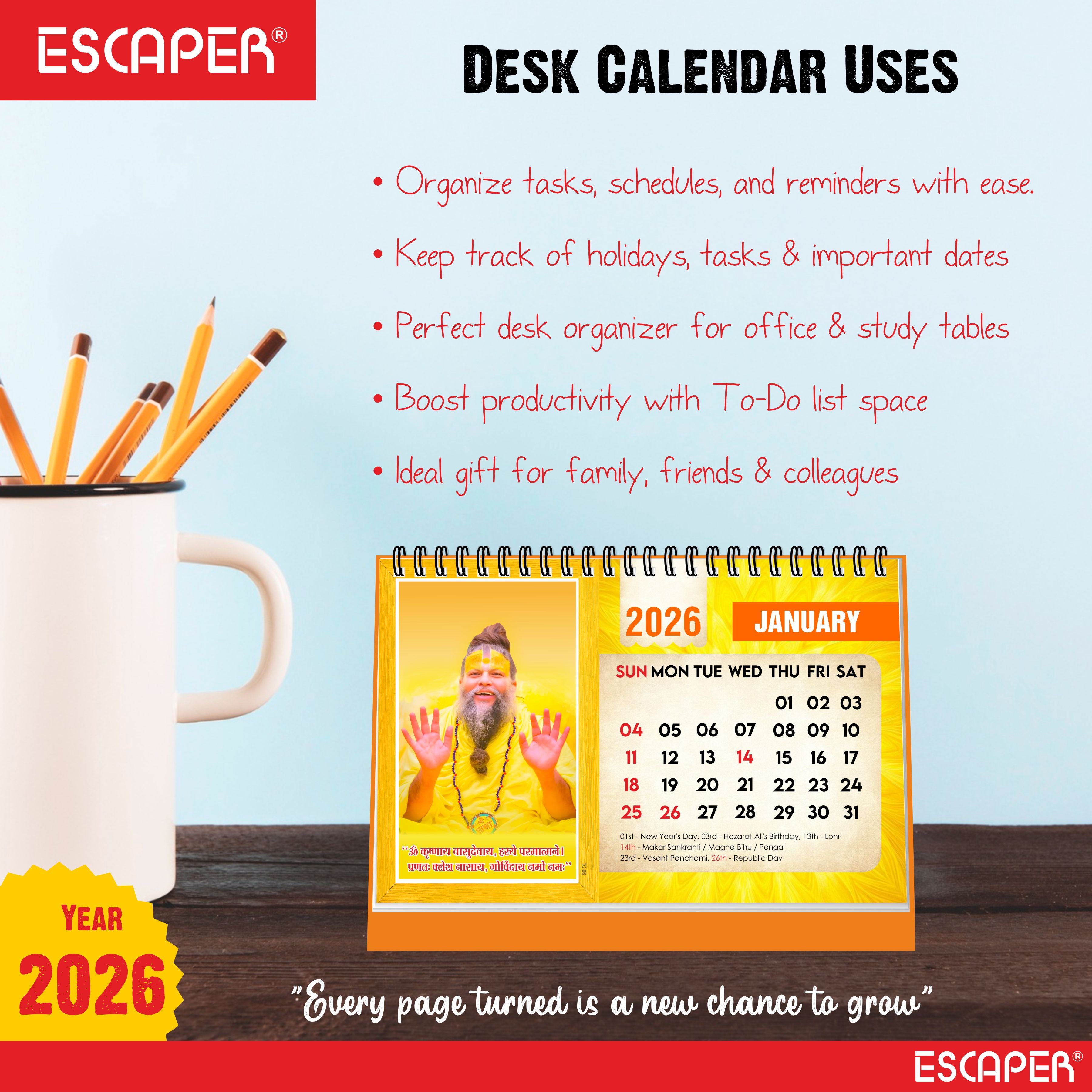 Premanand Ji Maharaj Desk Calendar 2026 – A5 Size, Devotional & Religious Table Calendar with Inspirational Quotes, Famous Indian Guru Photo Calendar, Premanand Ji Calendar 2026