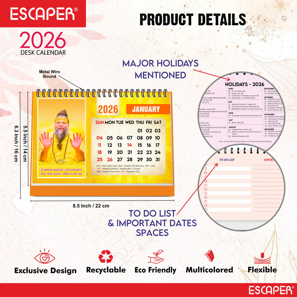 Premanand Ji Maharaj Desk Calendar 2026 – A5 Size, Devotional & Religious Table Calendar with Inspirational Quotes, Famous Indian Guru Photo Calendar, Premanand Ji Calendar 2026