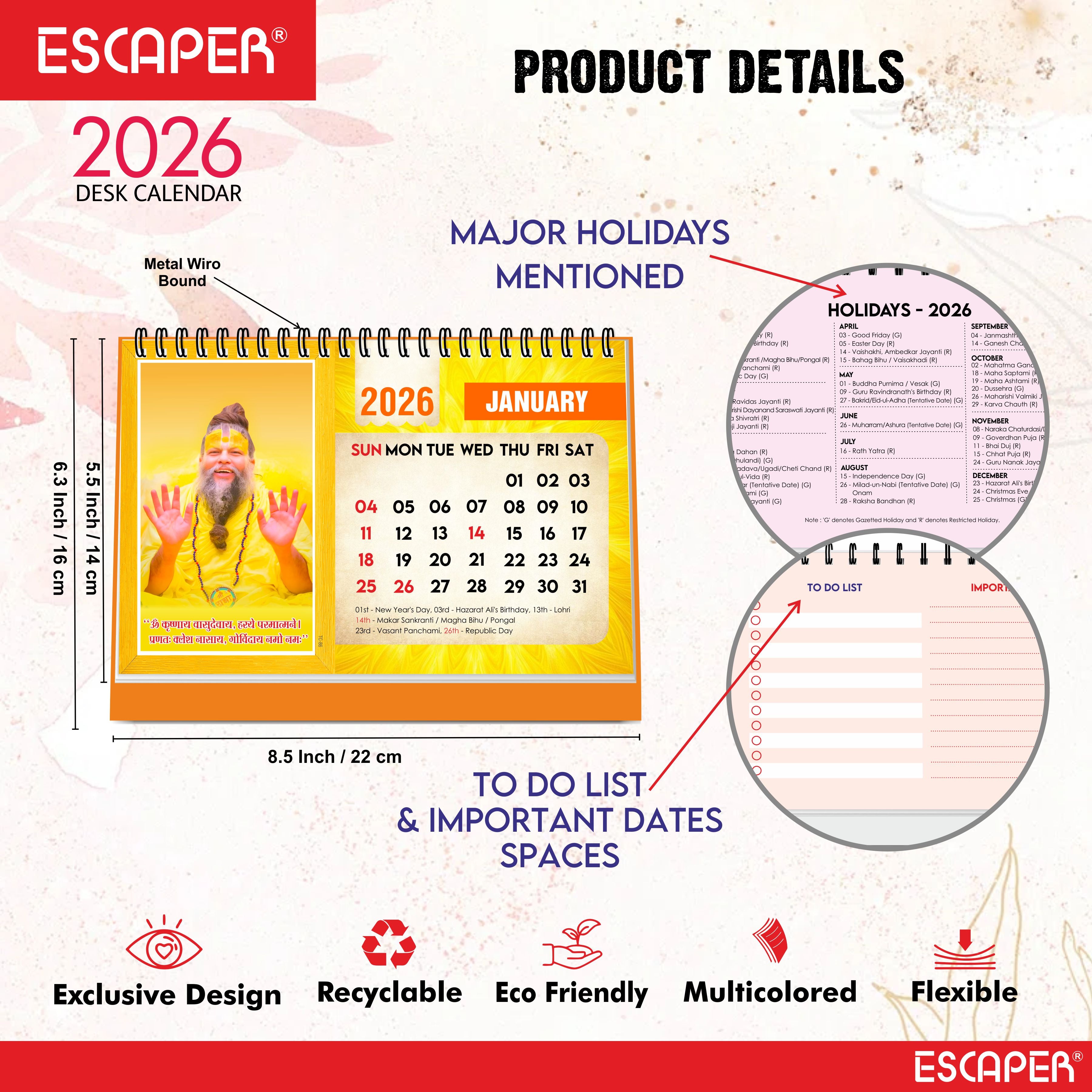 Premanand Ji Maharaj Desk Calendar 2026 – A5 Size, Devotional & Religious Table Calendar with Inspirational Quotes, Famous Indian Guru Photo Calendar, Premanand Ji Calendar 2026