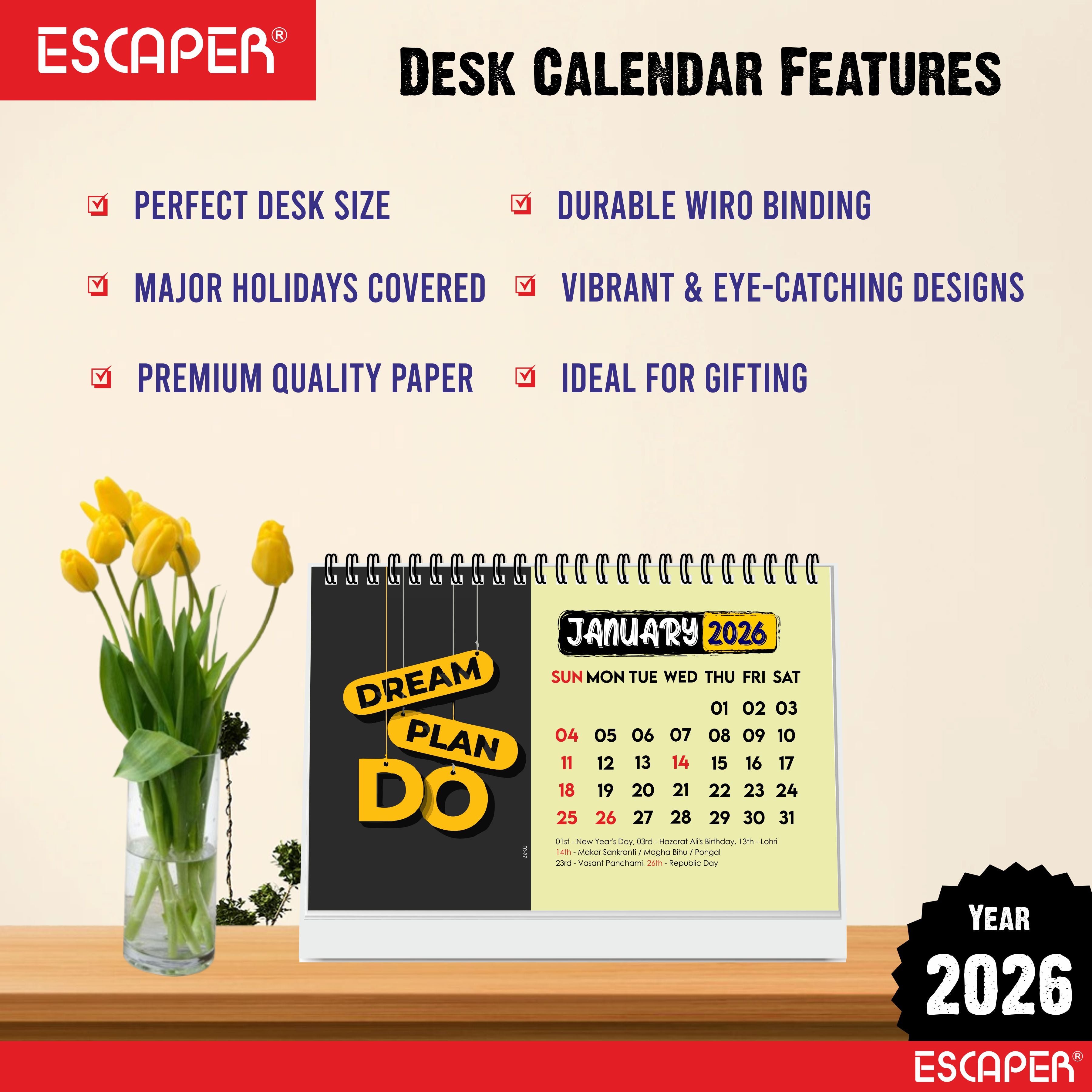 Dream Plan Do Motivational Desk Calendar 2026 – A5 Table Calendar 2026 with Inspirational Quotes, Desktop Calendar 2026, Motivational Calendar for Desk, New Year Calendar 2026