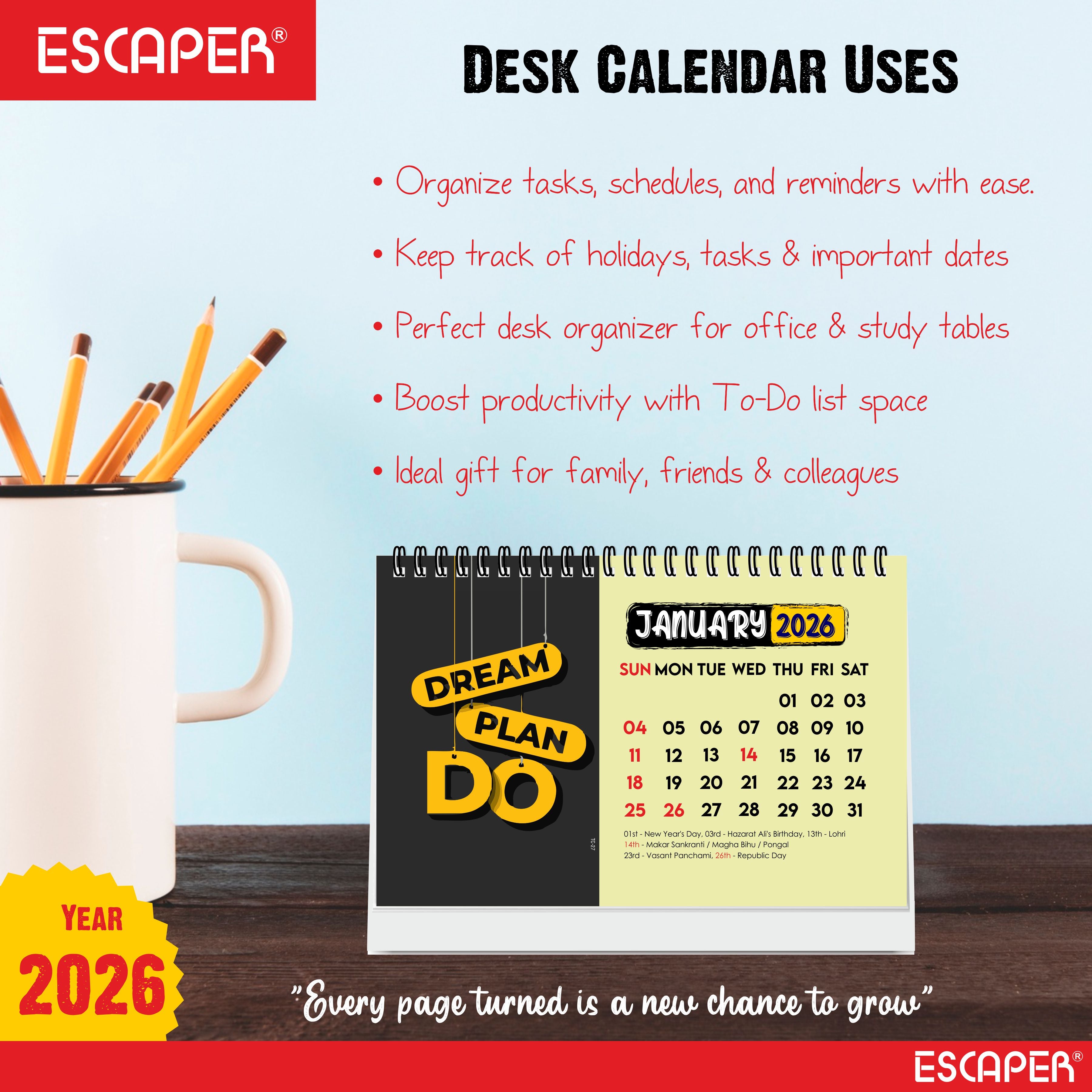 Dream Plan Do Motivational Desk Calendar 2026 – A5 Table Calendar 2026 with Inspirational Quotes, Desktop Calendar 2026, Motivational Calendar for Desk, New Year Calendar 2026