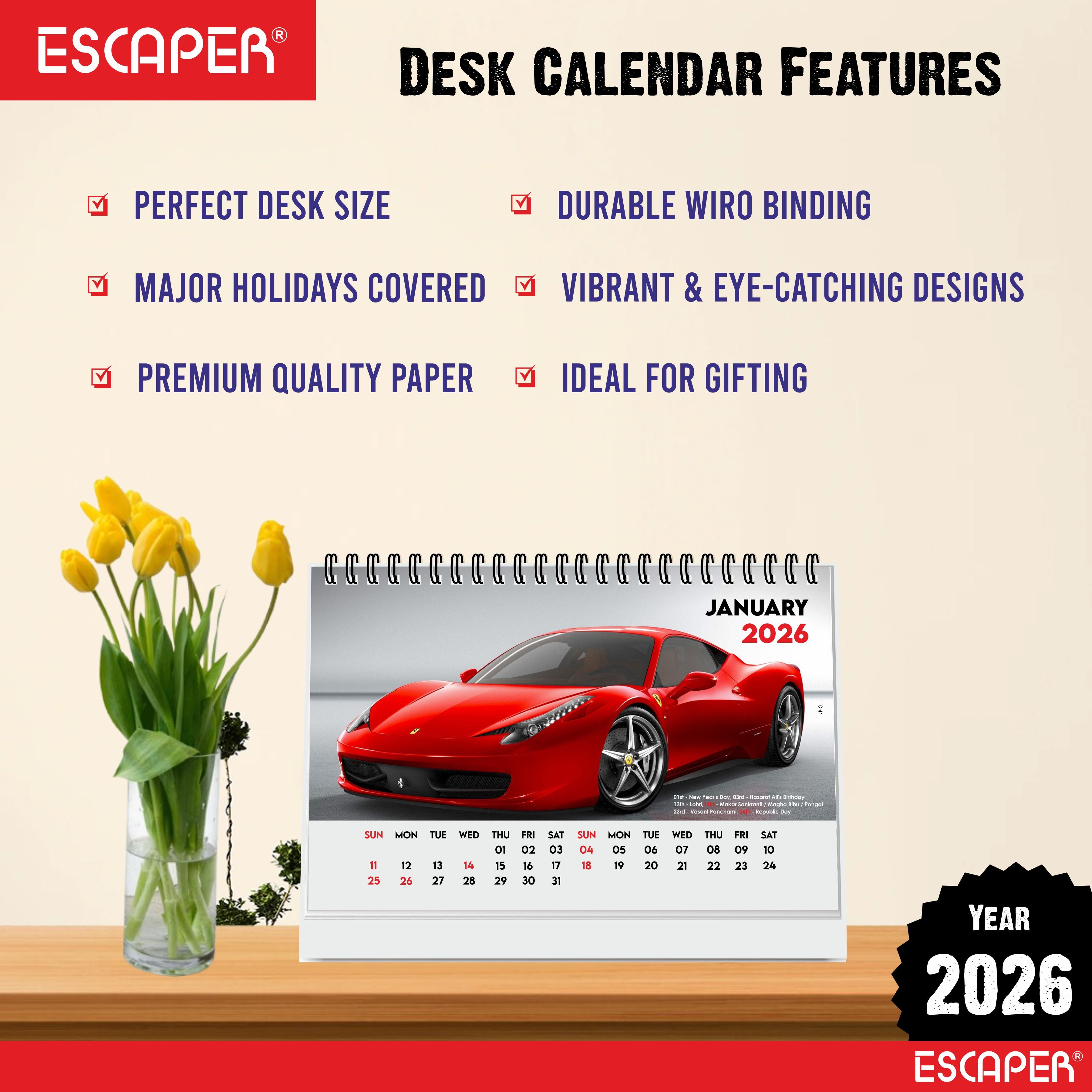 Cars Desk Calendar 2026 (A5 Size) – Luxury & Sports Vehicles Table Display, Office & Study Desktop Organizer, New Year Gift Automotive Desk Decor
