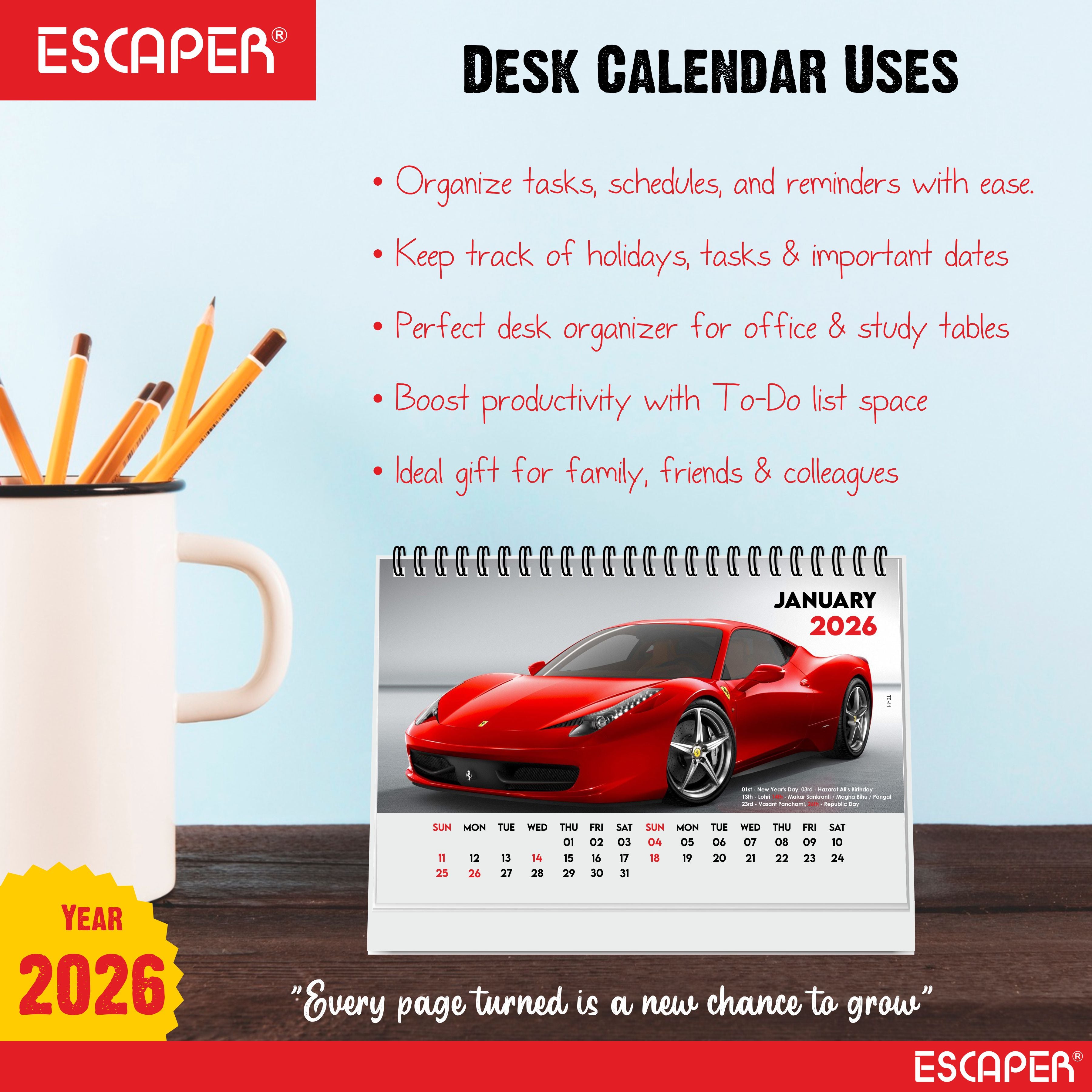 Cars Desk Calendar 2026 (A5 Size) – Luxury & Sports Vehicles Table Display, Office & Study Desktop Organizer, New Year Gift Automotive Desk Decor