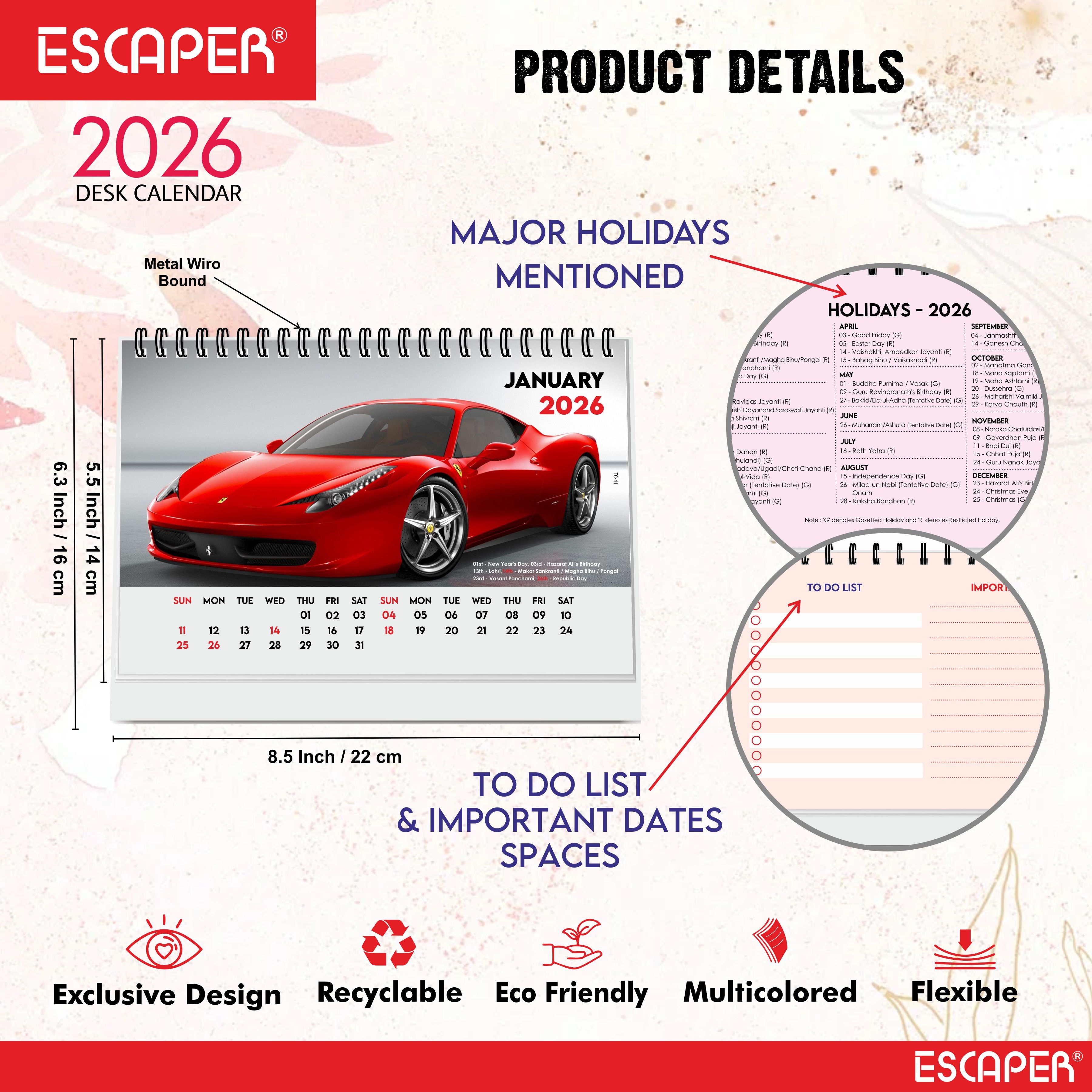 Cars Desk Calendar 2026 (A5 Size) – Luxury & Sports Vehicles Table Display, Office & Study Desktop Organizer, New Year Gift Automotive Desk Decor