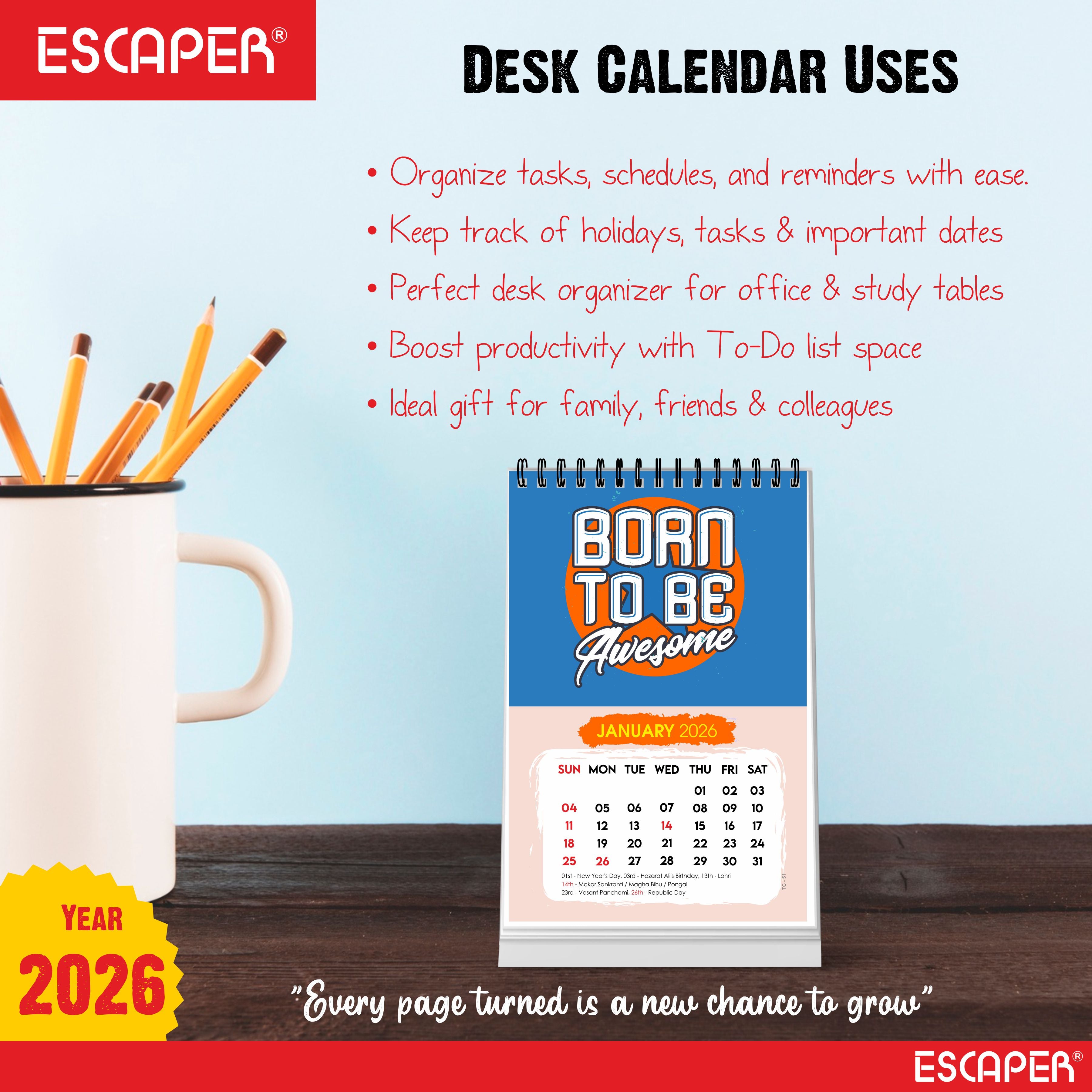 Awesome Motivational Desk Calendar 2026 with Quotes, A5 Size (5.75" x 8.5") Table Calendar for Office, Study, or Home, New Year Calendar 2026 for Gifting, Cute Desk Accessory