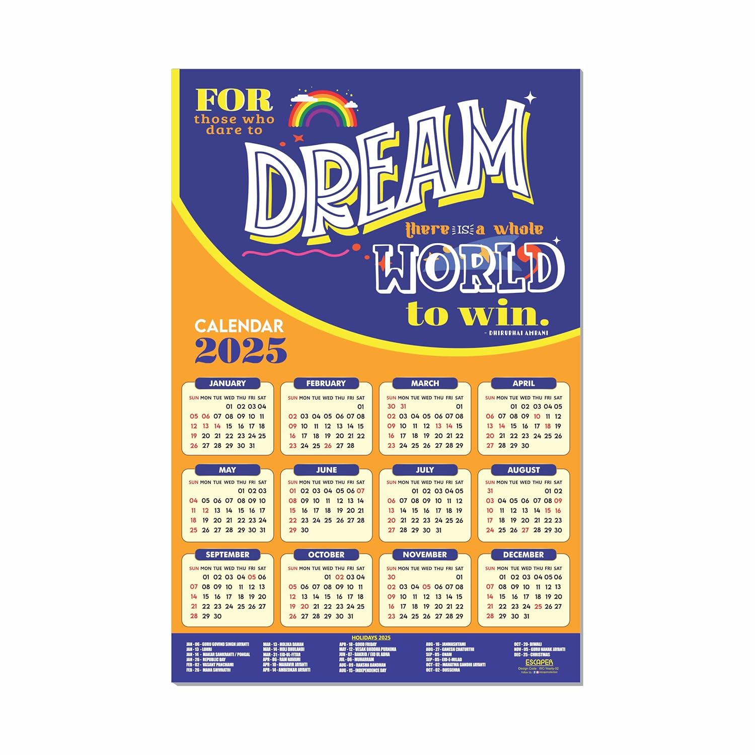 Motivational New Year Wall Calendar 2025 (45x30 cm), Indian Holidays Mentioned, Hanging for Home & Office Use