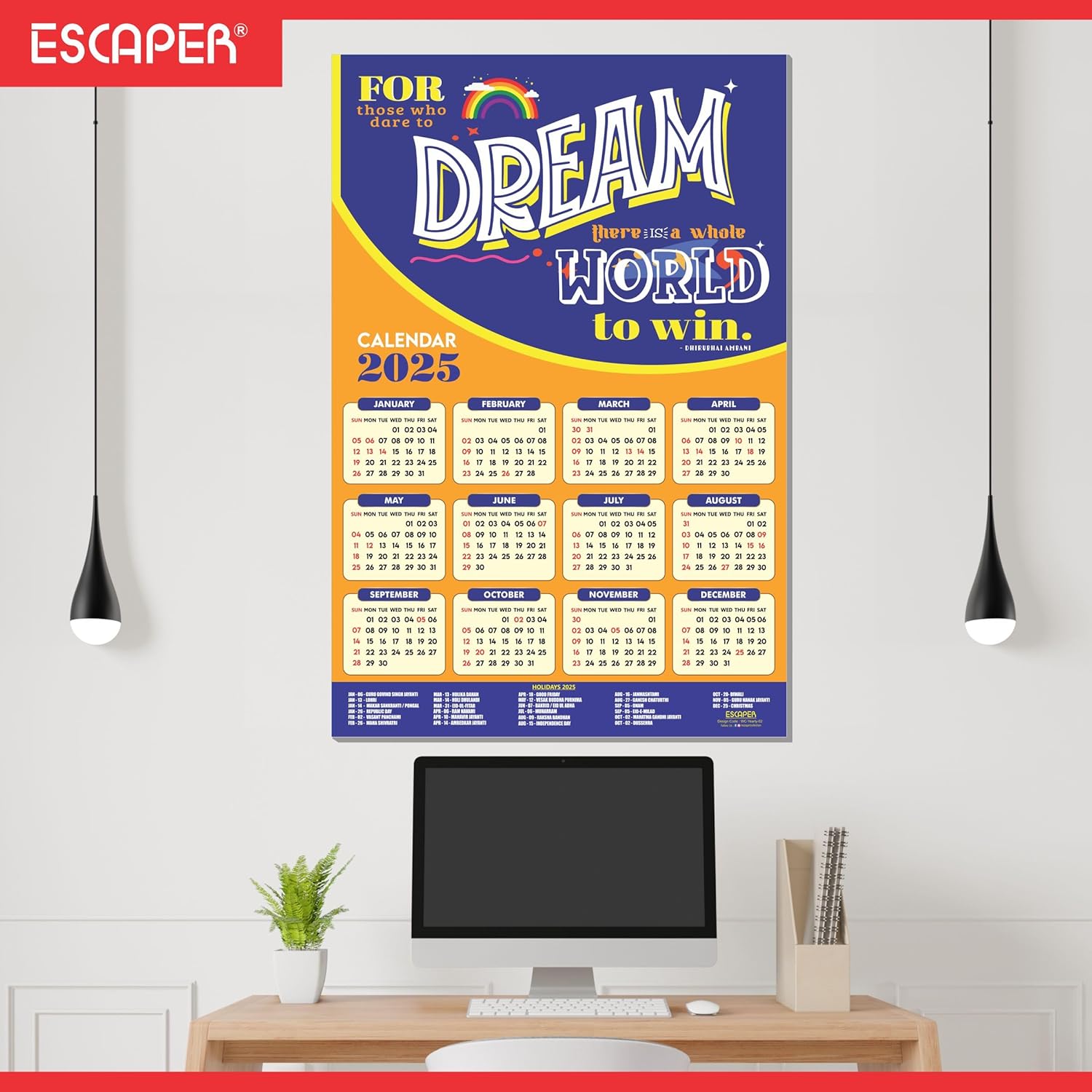 Motivational New Year Wall Calendar 2025 (45x30 cm), Indian Holidays Mentioned, Hanging for Home & Office Use