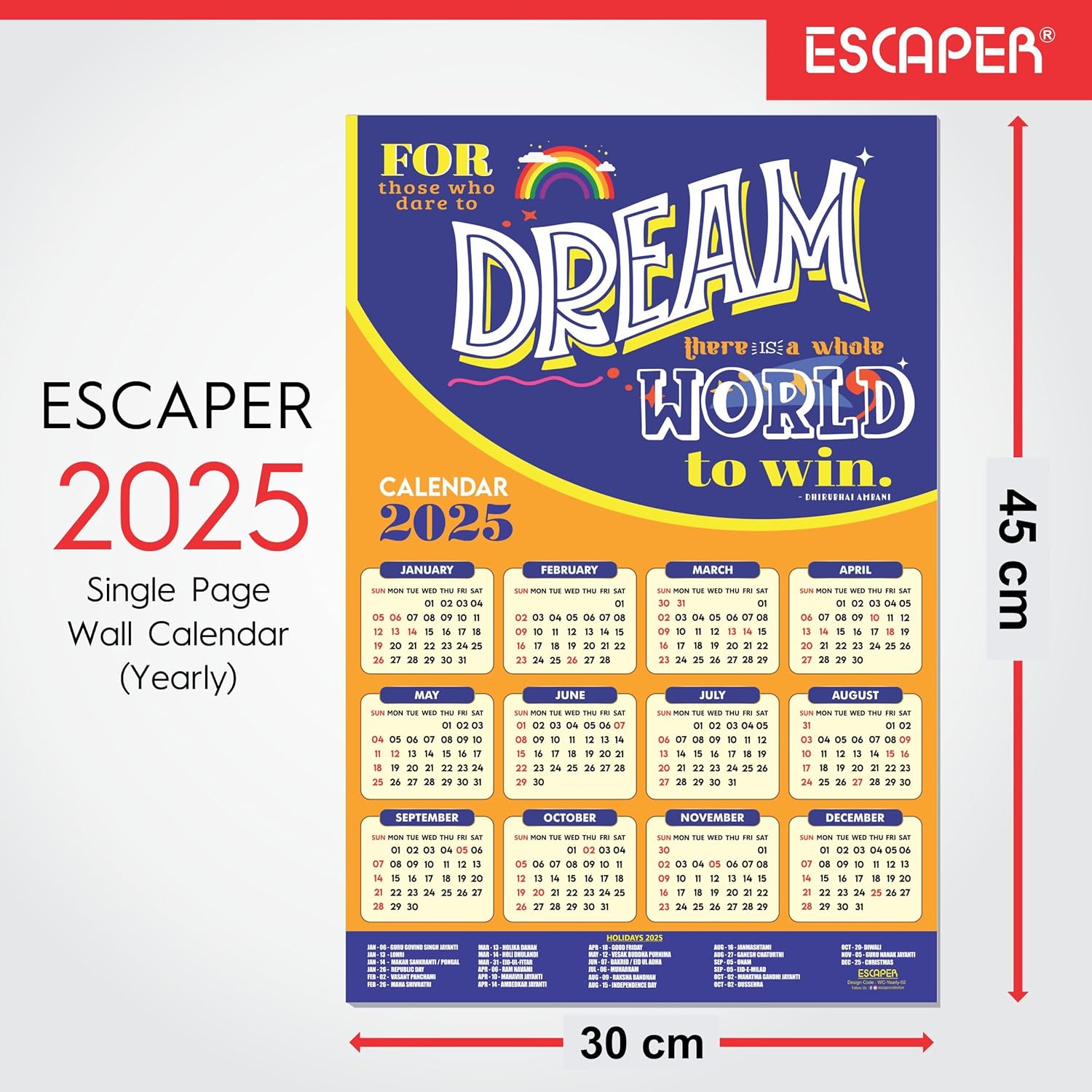Motivational New Year Wall Calendar 2025 (45x30 cm), Indian Holidays Mentioned, Hanging for Home & Office Use