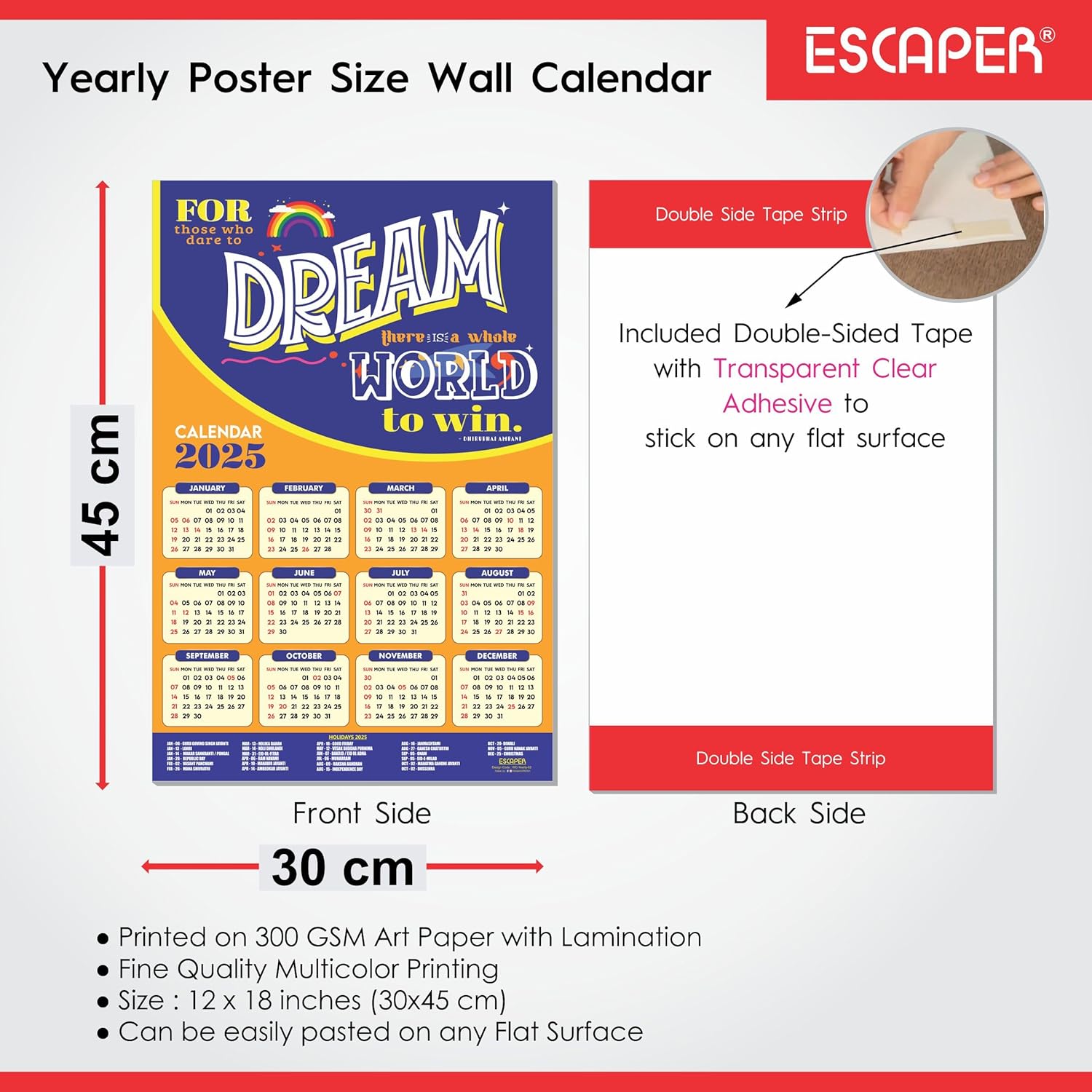 Motivational New Year Wall Calendar 2025 (45x30 cm), Indian Holidays Mentioned, Hanging for Home & Office Use