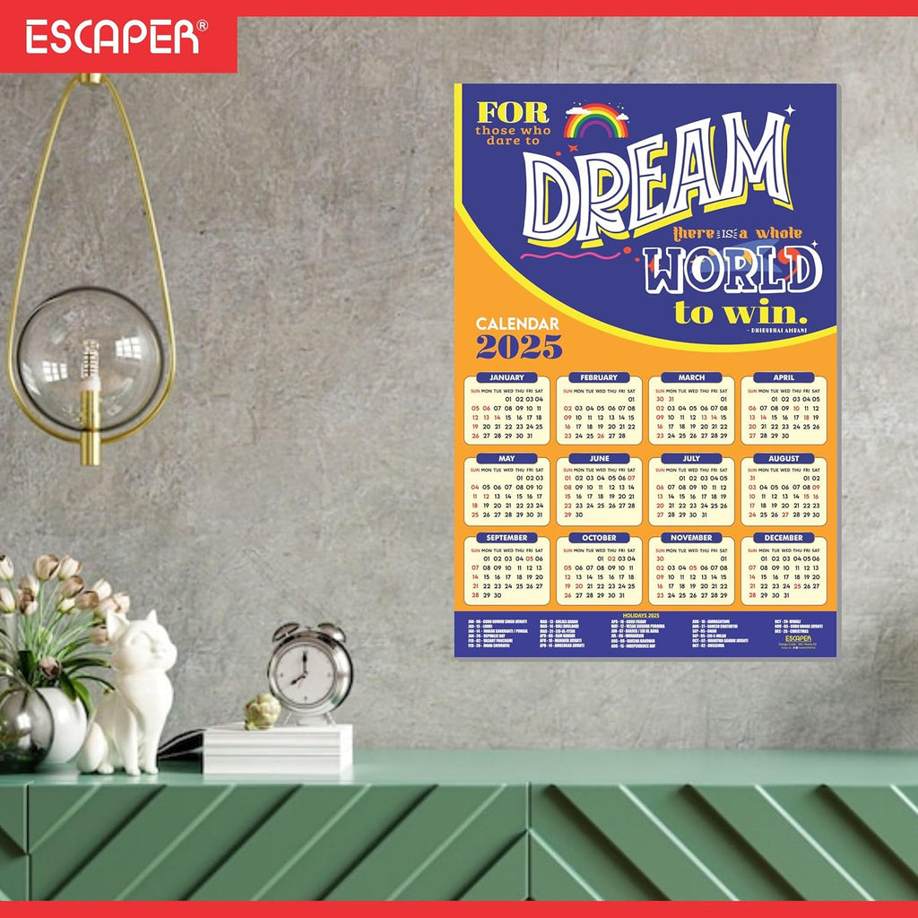 Motivational New Year Wall Calendar 2025 (45x30 cm), Indian Holidays Mentioned, Hanging for Home & Office Use