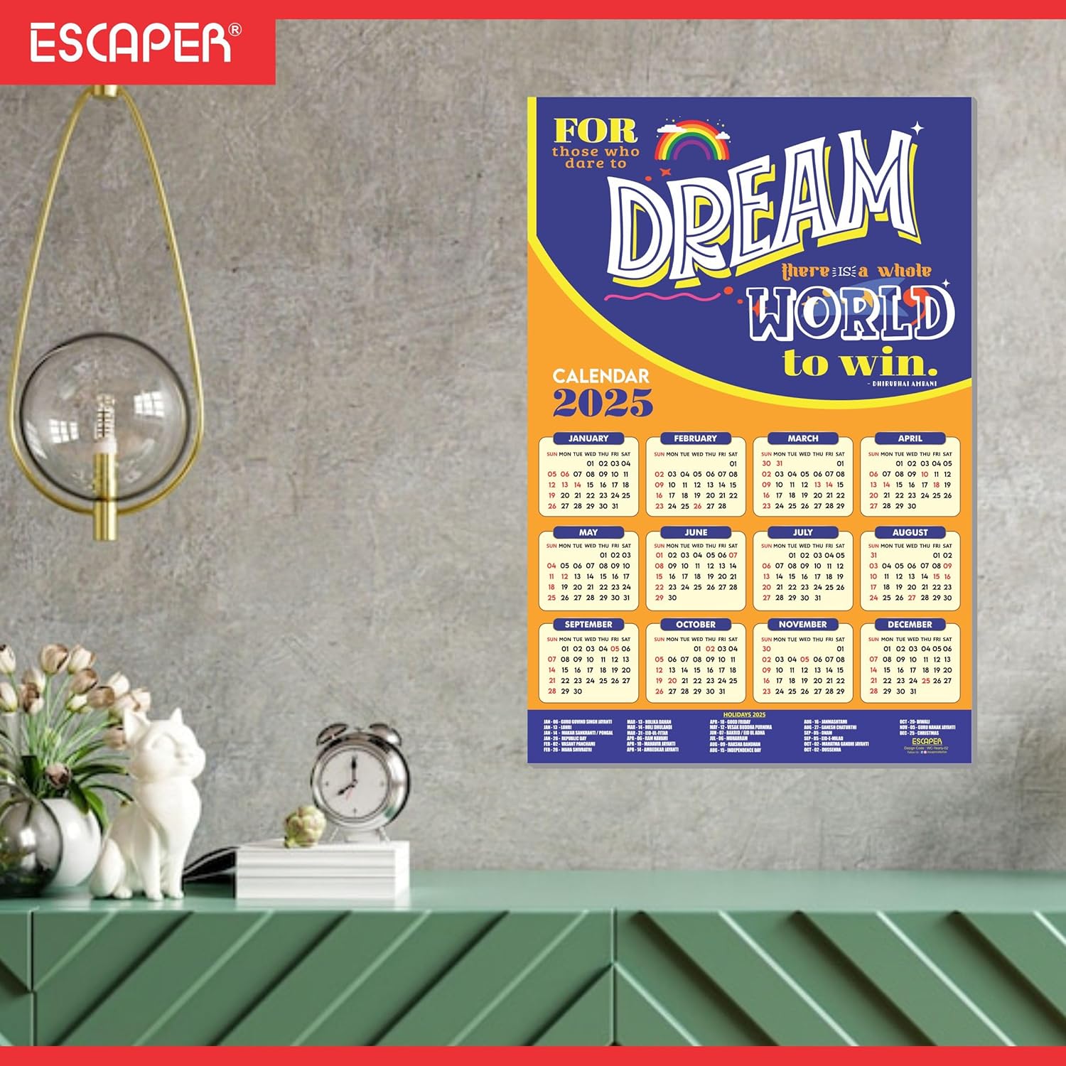 Motivational New Year Wall Calendar 2025 (45x30 cm), Indian Holidays Mentioned, Hanging for Home & Office Use