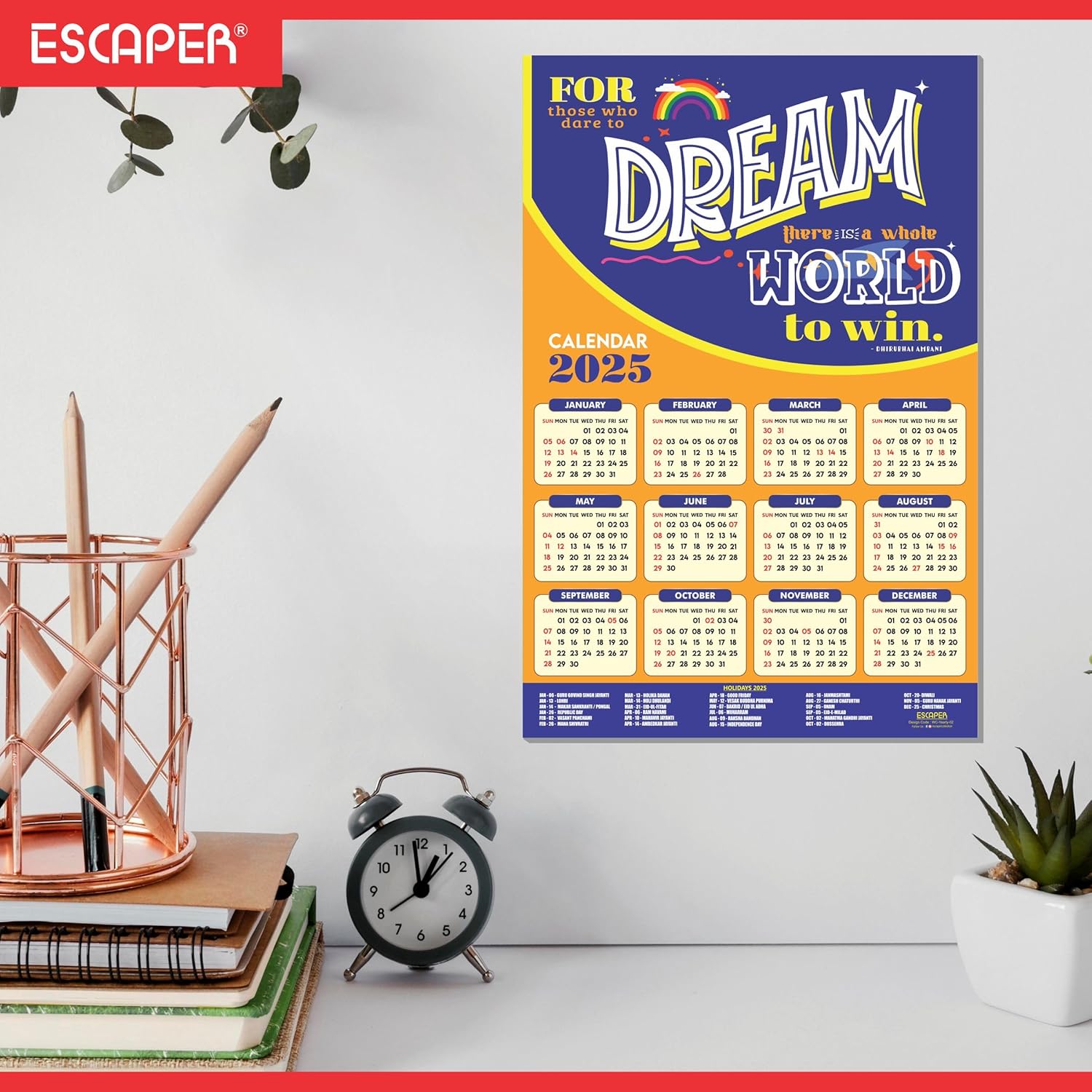 Motivational New Year Wall Calendar 2025 (45x30 cm), Indian Holidays Mentioned, Hanging for Home & Office Use